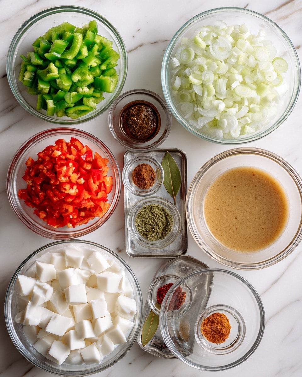 The image shows a collection of clear glass bowls and a small metal tray arranged neatly on a white marbled surface. Starting from the top left, there are three bowls filled with chopped green bell peppers, chopped red bell peppers, and thinly sliced white onions respectively. To the right side, a large bowl holds cubed white vegetables soaked in water. Below the onions, a medium bowl is filled with white coconut milk, and next to it is another medium bowl with a light brown broth. Centered in the image is a small metal tray holding six small glass containers: two bay leaves, minced garlic, minced ginger, curry powder, red chili powder, red chili flakes, and a light brown peanut butter-like paste. At the top center is a small bowl with a dark thick sauce. The overall appearance is organized with contrasting colors and textures, highlighting fresh and dry ingredients. Photo taken with an iphone --ar 4:5 --v 7