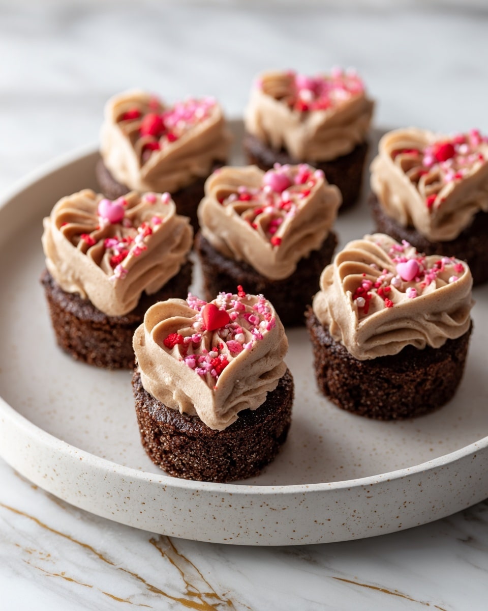 Seven heart-shaped chocolate cupcakes sit on a round white plate with a subtle speckled pattern. Each cupcake has a thick, swirled layer of light brown chocolate frosting on top, with a smooth and creamy texture. Small pink candy sprinkles and tiny red pieces resembling dried berries are scattered delicately on the frosting, adding a bright pop of color. The plate is set on a white marbled surface with gold streaks, giving the image a clean and elegant look. photo taken with an iphone --ar 4:5 --v 7
