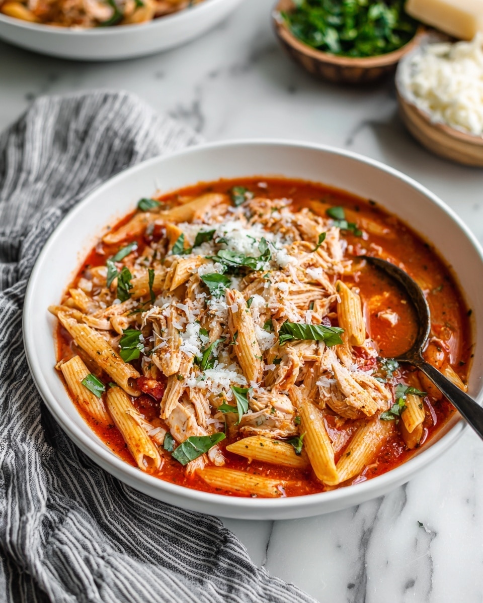 A white shallow bowl filled with tomato-based soup layered with light brown penne pasta scattered evenly throughout the bowl, mixed with shredded cooked chicken pieces in light pink color spread all over. The soup has a rich red broth with a slight glossy texture. On top, there is a light sprinkling of grated white cheese melting slightly into the soup and fresh small basil leaves adding a green color accent. A dark spoon is resting inside the bowl with some pasta and chicken on it. The bowl is placed on a white marbled surface with a gray striped cloth next to it, and in the background, some bowls with different kinds of cheese and greens can be seen. Photo taken with an iphone --ar 4:5 --v 7