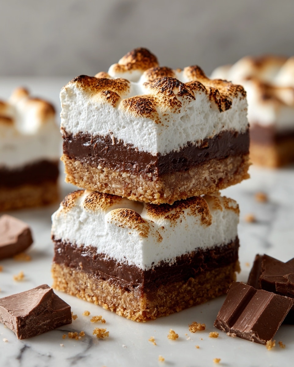 The image shows three stacked dessert bars with three layers each. The bottom layer is a crumbly, light brown cookie crust with a sandy texture. The middle layer is thick, smooth, and made of solid dark brown chocolate pieces. The top layer is a fluffy, white marshmallow layer with toasted, lightly browned tops giving a soft, airy look. The bars are placed directly on a white marbled surface with some crumbs scattered around and a few pieces of chocolate in the front right corner. Photo taken with an iphone --ar 4:5 --v 7