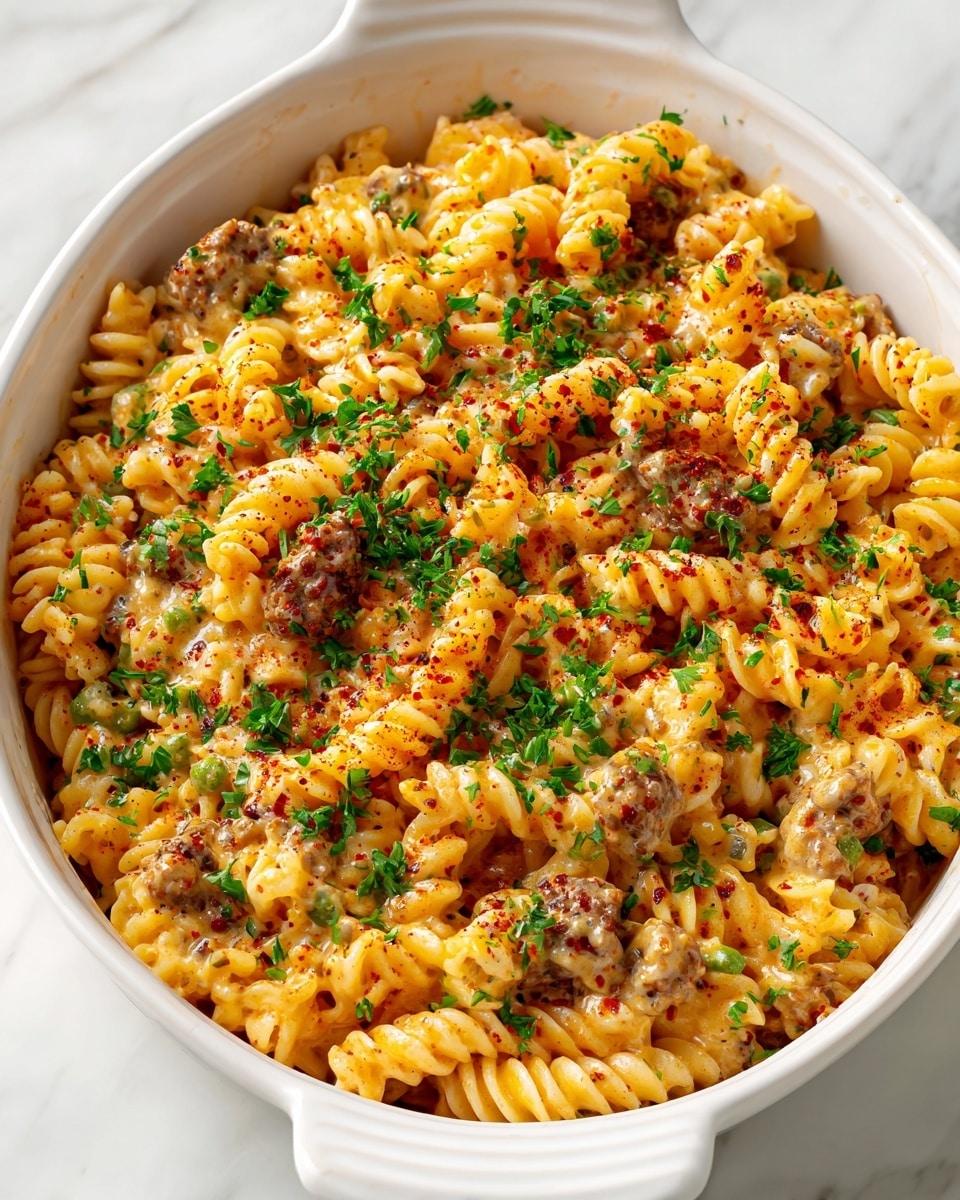 A white casserole dish filled with a creamy pasta mixture composed of spiral rotini pasta, small chunks of brown cooked meat, and bits of green vegetables, all coated in a light orange sauce. The top is lightly sprinkled with reddish paprika powder and finely chopped green parsley scattered evenly. The casserole dish is placed on a white marbled surface, showing a close-up view of the textured and colorful pasta blend photo taken with an iphone --ar 4:5 --v 7
