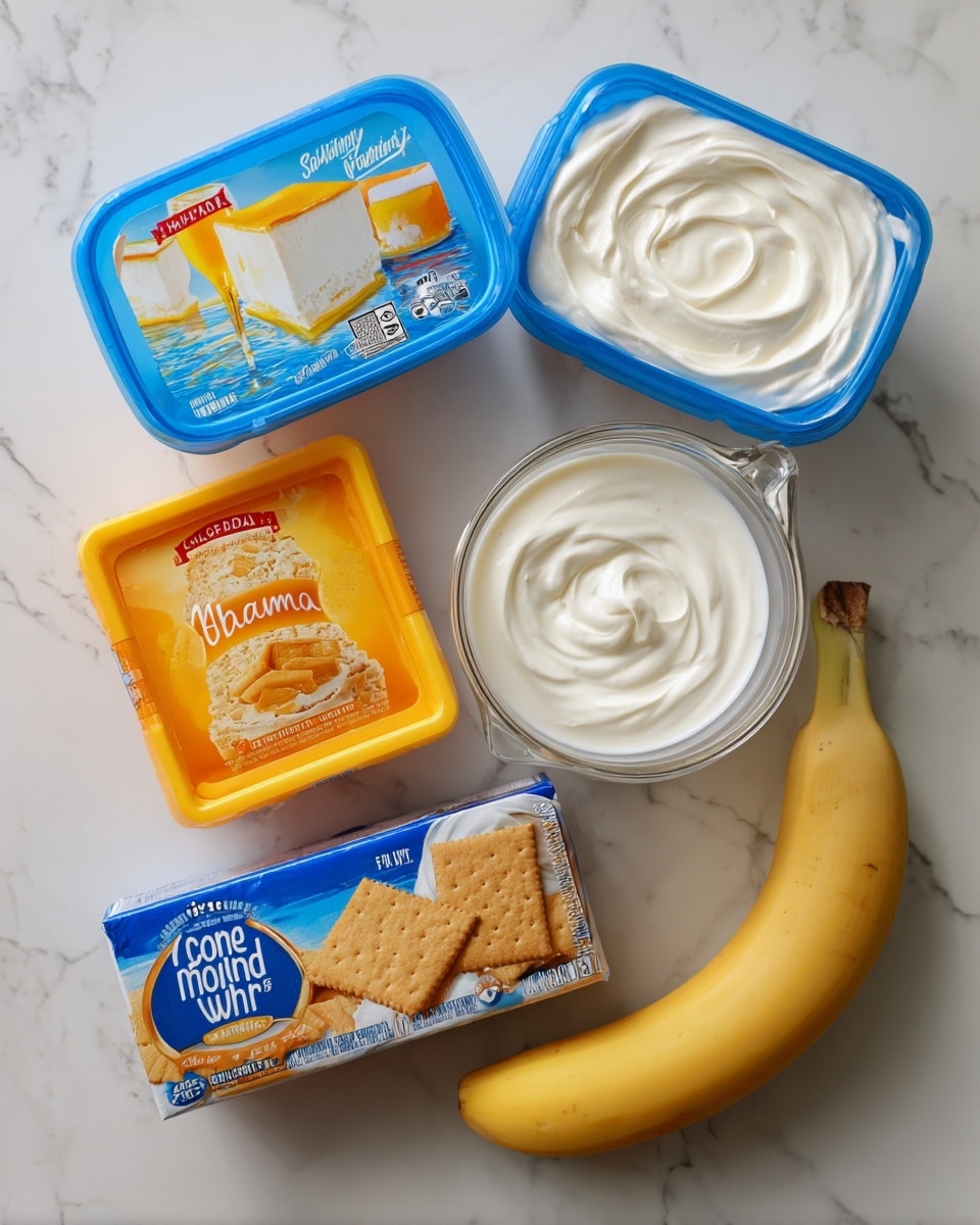 The image shows ingredients for a dessert on a white marbled surface: two containers of Cool Whip Original with bright blue lids featuring dessert and smoothie pictures, two yellow and orange boxes of banana cream Jell-O with creamy swirls, a blue box of Honey Maid graham crackers with a triangular cracker pictured, a clear measuring cup filled with creamy white milk, and a ripe yellow banana with slight brown marks. All the items are arranged neatly in a flat lay style. photo taken with an iphone --ar 4:5 --v 7