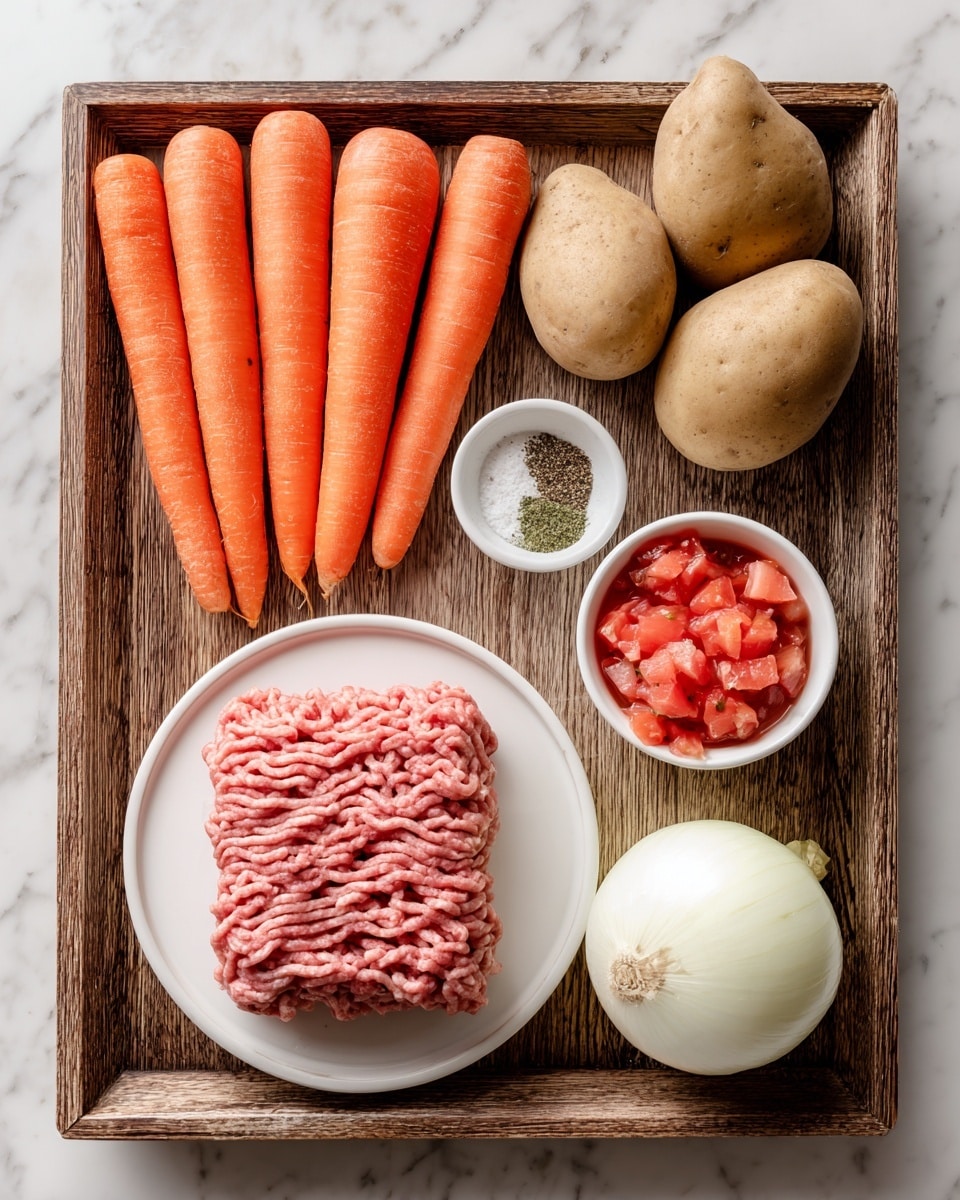 A wooden tray holds several ingredients arranged in an organized way on a white marbled surface. On the top left, there are five bright orange carrots placed side by side. Below the carrots are three large light brown potatoes positioned in a triangular shape. On the bottom left, a white plate contains a rectangular block of raw ground meat, with its textured strands running mostly horizontally. On the right side of the tray, near the top, a small white bowl holds a mix of three different spices with colors of light pink, black, and dried green leaves. Below the spice bowl, another small white bowl is filled with chopped red tomatoes in liquid. At the bottom right corner of the tray is a whole white onion. The photo taken with an iphone --ar 4:5 --v 7