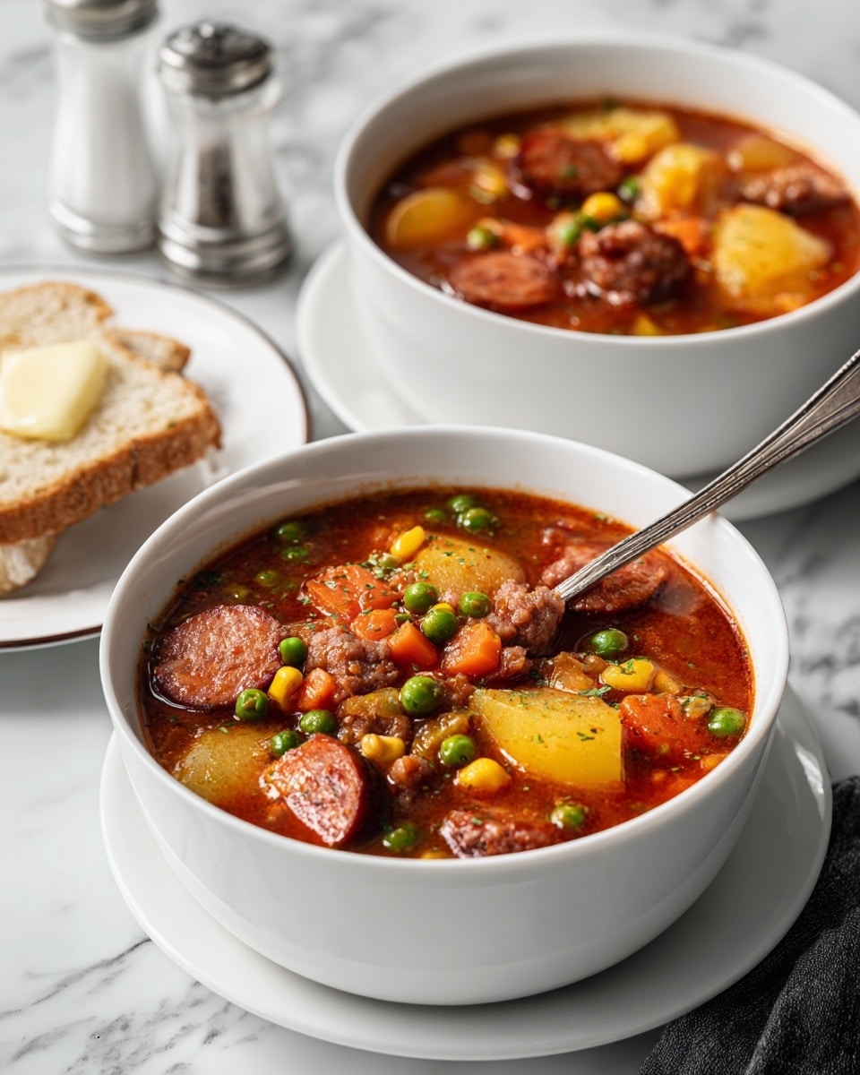 The image shows two white bowls filled with a thick stew resting on a white marbled surface. Each bowl contains a rich reddish-brown broth layered with visible chunks of yellow potatoes, slices of dark brown sausage, light brown beans, green peas, small orange carrot pieces, golden corn kernels, and bits of ground meat. A silver spoon is placed in the front bowl, scooping some of the hearty stew, with a detailed texture of the soft potatoes and beans soaked in the broth. In the foreground, a slice of bread with butter is partly visible on a white plate with a dark rim. Nearby, salt and pepper shakers stand on the marble surface. photo taken with an iphone --ar 4:5 --v 7