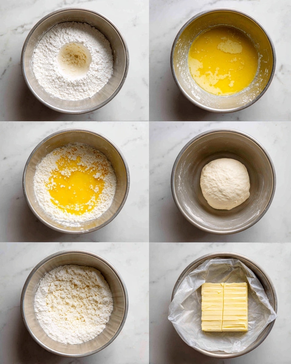 The image shows eight steps of making dough in a silver mixing bowl on a white marbled surface. The first layer is white flour with a small crater in the center, the second layer adds a pool of melted butter with a shiny, yellow texture to the middle of the flour. The third layer shows the flour with small chunks of butter mixed into the center, followed by a fourth layer where another yellow liquid, likely melted butter, fills the crater with small bubbles. The fifth layer shows the flour starting to combine with the wet ingredients, making a rough and crumbly dough with white flour still visible around the edges. The sixth layer has more liquid added, creating a mix of thick, wet dough with clumps and patches of flour at the sides. The seventh layer shows a single smooth ball of pale dough resting in the bowl, and the eighth layer features a rectangular block of wrapped dough with a smooth, pale surface, all placed on the white marbled surface. photo taken with an iphone --ar 4:5 --v 7