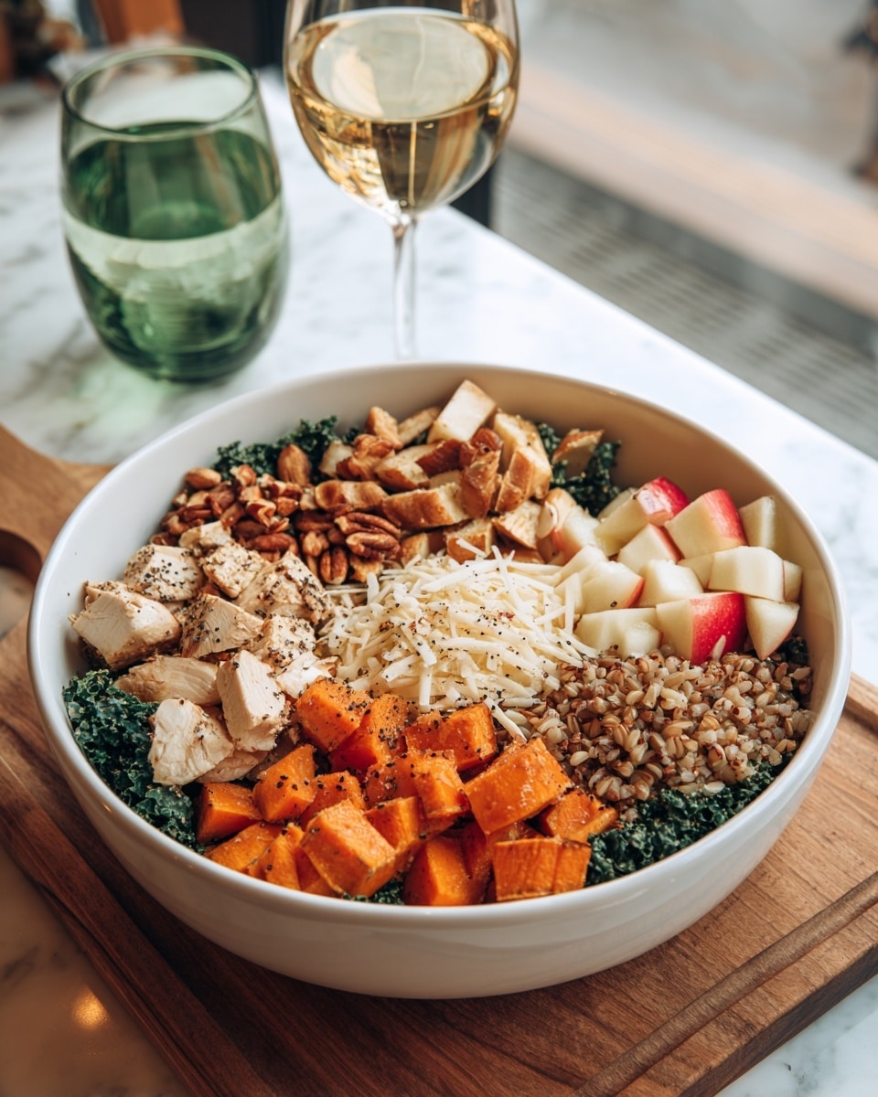 A white bowl sits on a wooden board with a white marbled background. Inside the bowl, a first layer of dark green kale forms the base. On top of the kale, sections are filled with different ingredients arranged in a clear pattern: roasted orange sweet potato slices with a slightly crispy texture, light brown cooked chicken pieces seasoned with black pepper, chopped almonds scattered for a crunchy look, a small pile of shredded off-white cheese with rough edges, cooked mixed grains that are light to medium brown, and small cubes of red apple with shiny skin and a pale inside. The colors are warm and earthy with fresh green, orange, beige, and red tones all visible. Nearby, there is a glass of white wine and a green-tinted glass with a drink, soft natural light brightens the whole scene. Photo taken with an iphone --ar 4:5 --v 7