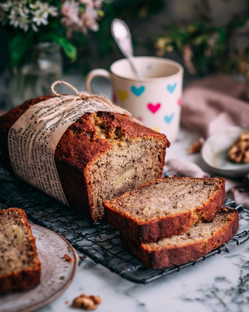 A sliced banana nut bread loaf is shown on a black wire cooling rack, placed on a white marbled surface. The bread has a golden brown crust with a slightly darker top, and the inside is light tan with visible pieces of walnuts. One slice leans against the loaf wrapped in brown parchment paper with printed text, tied with a rustic string. In the background, there are a few more slices of bread and a white cup with colorful heart shapes, partially out of focus, with a spoon inside. The setting includes some blurred greenery and light flowers in the distance, creating a cozy, warm feel. Photo taken with an iphone --ar 4:5 --v 7