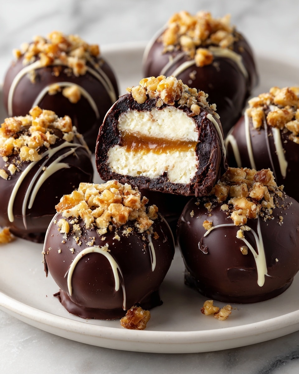 The image shows several round chocolate balls arranged on a white plate with a white marbled surface in the background. Each ball is coated in smooth, dark chocolate and topped with small, crunchy caramel nut pieces. One of the balls is cut open and positioned in the center, revealing three inside layers: a bottom layer of creamy white filling, a middle layer of soft caramel mixed with nut bits, and an outer chocolate shell. The dark chocolate coating has thin drizzles of extra chocolate on top, adding texture. The crunchy caramel nut topping is golden brown and slightly chunky, covering each ball evenly. Photo taken with an iphone --ar 4:5 --v 7