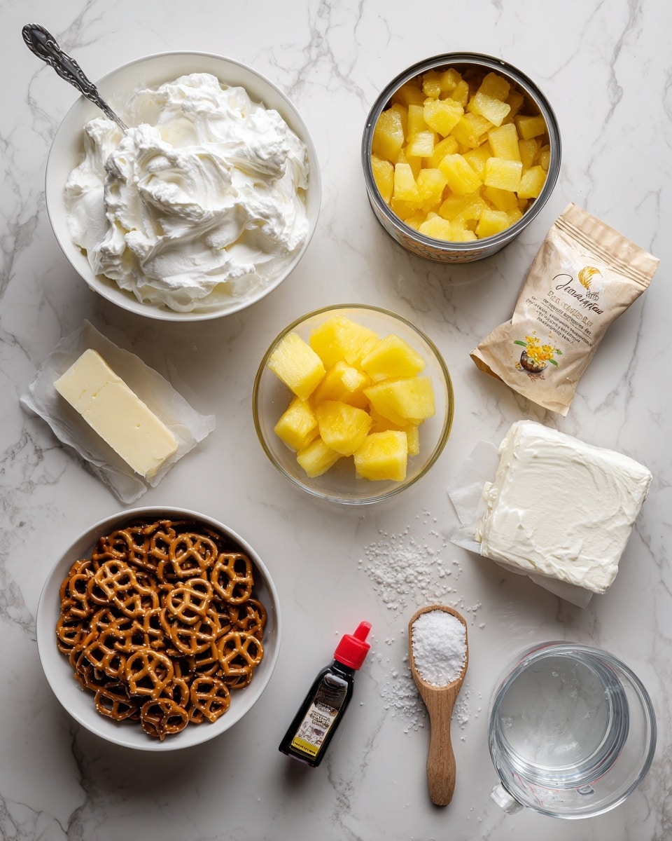 The image shows several ingredients placed neatly on a white marbled surface. There is a white bowl filled with smooth white whipped topping and a silver spoon resting inside it. To the right, an open can contains yellow crushed pineapple with a silver spoon. A small black bottle with a red cap is labeled vanilla extract next to a partially unwrapped wedge of cream cheese with a smooth white texture. A white measuring cup holds clear water, while a stick of yellow butter is placed nearby. Pineapple chunks sit in a small clear bowl, showing bright yellow pieces. A half-cup wooden scoop contains white granulated sugar. Finally, a white bowl holds crushed pretzels mixed with small bits of crushed cereal, topped with whole salted pretzels. The setting is clean and bright with all items clearly visible and arranged. photo taken with an iphone --ar 4:5 --v 7