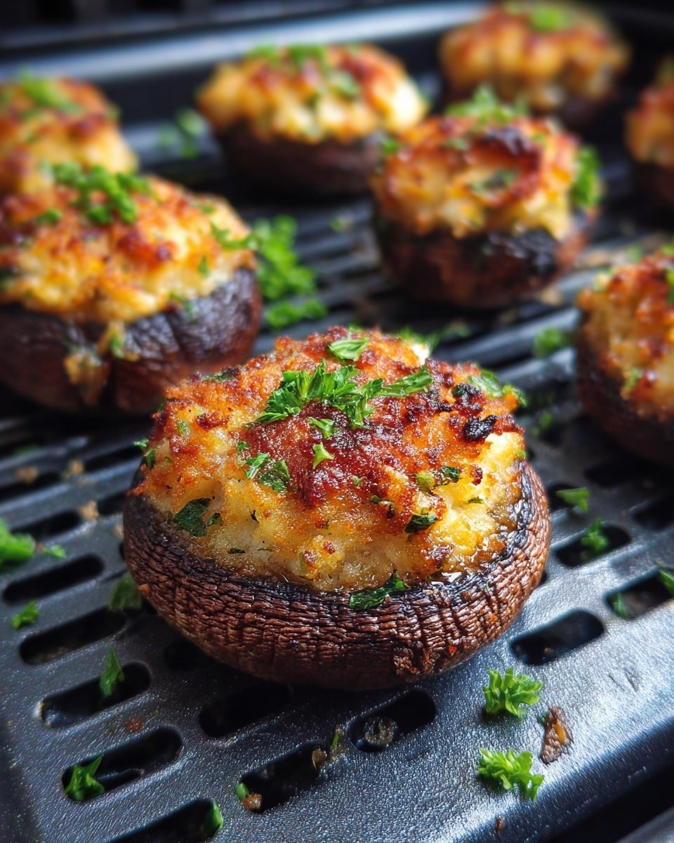 The image shows several stuffed mushrooms placed on a dark air fryer tray with a slotted pattern. Each mushroom consists of a dark brown textured mushroom base topped with a golden brown, crispy filling that looks slightly crunchy with bits of green herbs sprinkled throughout. The filling is slightly uneven with a browned, toasted surface, giving a warm, inviting look. Small pieces of green parsley are scattered on top of the filling and around the tray, adding a fresh touch. The overall composition highlights the contrast between the dark mushroom base and the golden filling, set against the black tray, with a close-up focus on the front mushroom. Photo taken with an iphone --ar 4:5 --v 7