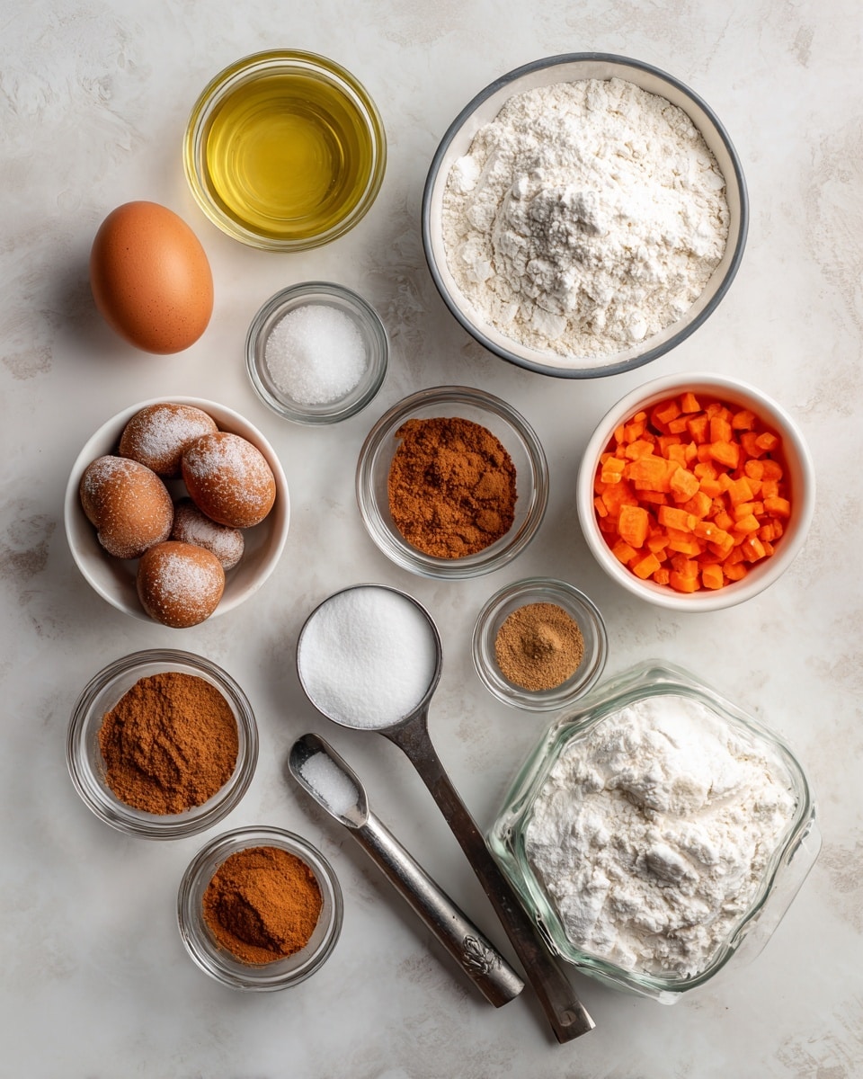 The image shows various baking ingredients neatly arranged on a white marbled surface. There is a brown egg near a small clear glass bowl with light yellow oil, a metal cup filled with white flour, and a small glass bottle of vanilla extract. Nearby, a white bowl contains a mix of brown and white sugar in rounded scoops. Three small glass jars hold cinnamon, nutmeg, and ginger powders, creating warm brown and orange tones. A metal measuring spoon contains white salt, while another metal cup holds finely chopped bright orange carrots. Finally, a clear jar with a foil lid reveals white baking powder inside. photo taken with an iphone --ar 4:5 --v 7