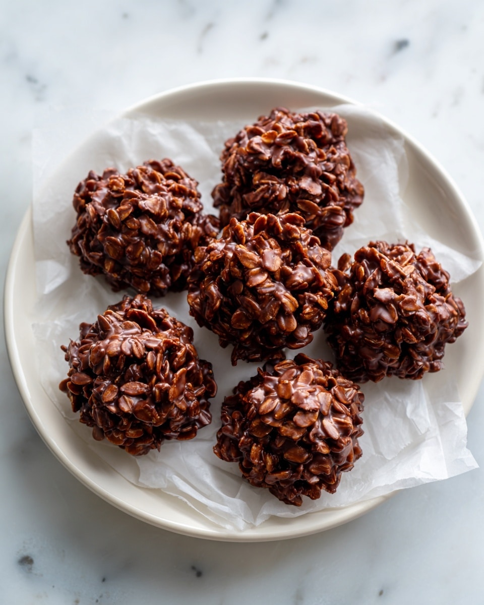The image shows six dark brown oat clusters arranged on a white plate lined with white parchment paper. Each cluster is made of tightly packed oats coated with a glossy chocolate layer, giving them a rough and uneven texture. The clusters vary slightly in shape and size, looking dense and chewy. The plate sits on a white marbled surface, creating a clean, simple background that highlights the rich brown color of the oat clusters. photo taken with an iphone --ar 4:5 --v 7