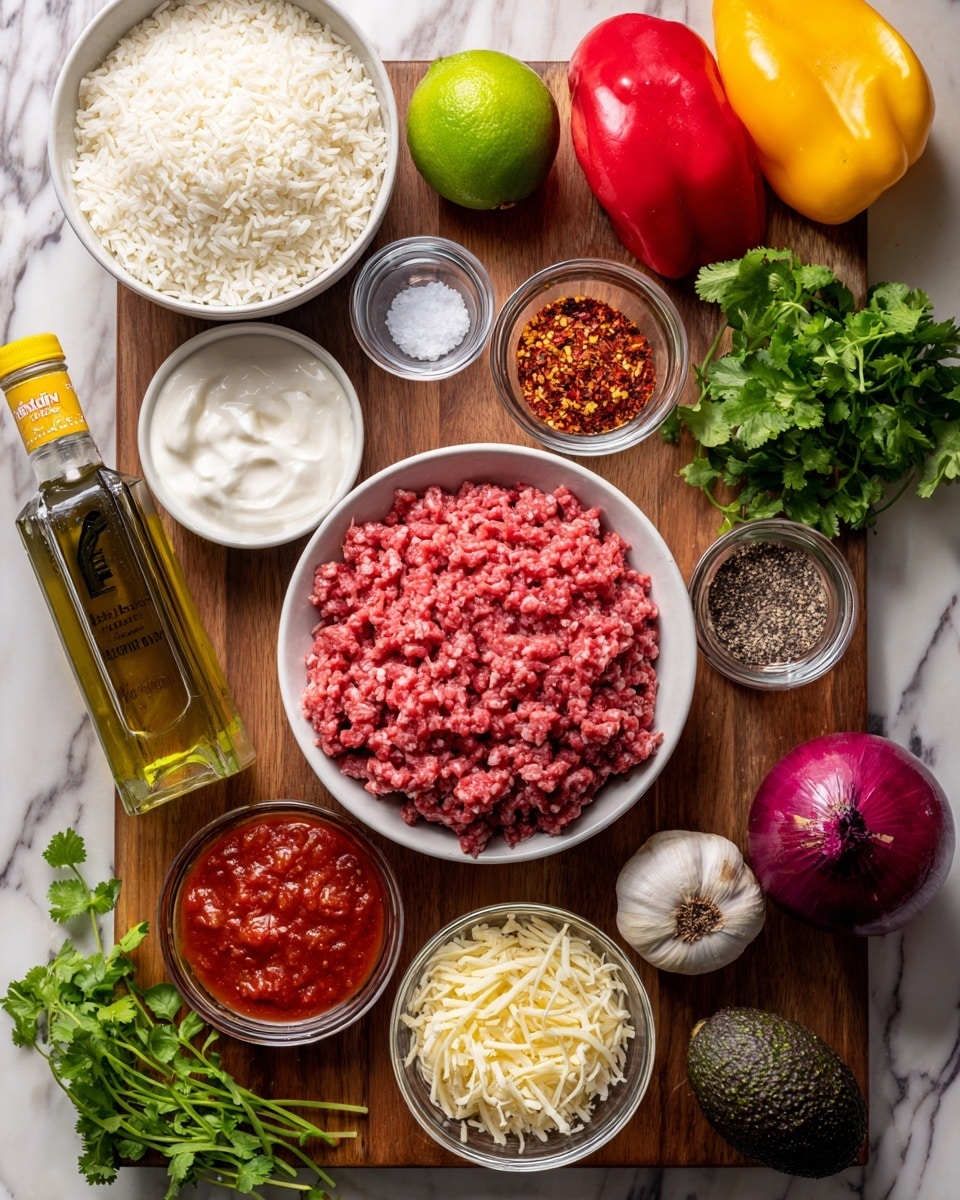 A top-down view of various ingredients neatly arranged on a wooden board with a white marbled background. In the center is a white bowl filled with raw minced beef, pink and textured, surrounded by small glass bowls holding grated cheese, red salsa, and creamy sour cream, all white bowls. On the left side, there is a white bowl filled with uncooked white rice, a dark green bottle of avocado oil with a yellow cap, and two small white bowls with salt and pepper. There’s a small jar of fajita seasoning and a clear bottle of chili flakes near the top. Fresh items include a green lime above the minced beef, a red and a yellow bell pepper on the right, a whole dark purple red onion, a whole avocado, garlic cloves near the bottom, and a bunch of green coriander leaves in a small white bowl top right. A red bottle of hot sauce stands beside the minced beef, completing the colorful and fresh ingredient display. Photo taken with an iphone --ar 4:5 --v 7