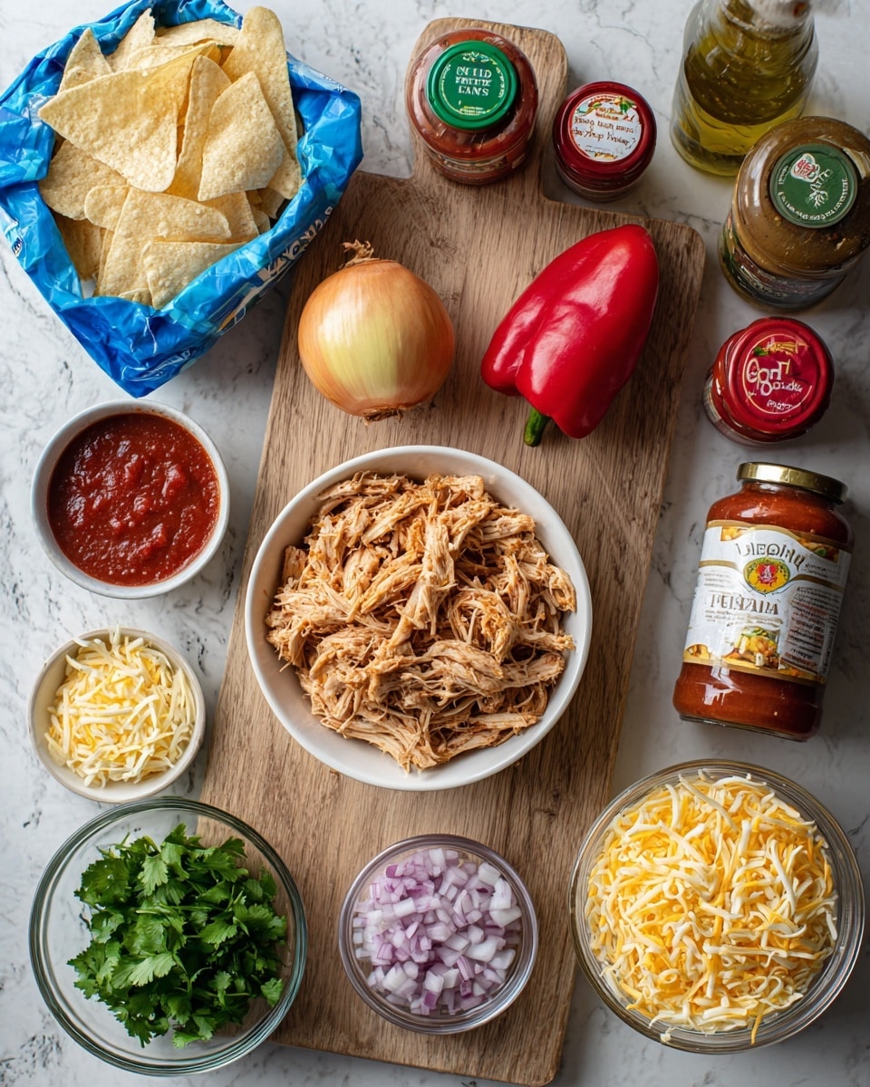 The image shows a wooden board with ingredients neatly arranged on a white marbled surface. In the center, there is a white bowl filled with shredded chicken, surrounded by various small containers and jars. To the left of the chicken, a whole red pepper and a whole yellow onion rest directly on the board. Below the chicken, a small glass bowl holds fresh green coriander. To the right of the chicken, a small white bowl contains chopped red onion, while a clear glass bowl with shredded yellow and white cheese sits toward the bottom right. At the top left corner, there is a blue bag of white tortilla chips. Near the top center, a jar of red salsa with a green lid stands beside a small jar of fajita seasoning and a red tube of tomato puree. On the far right, a jar of sliced jalapenos and a bottle of oil complete the layout. The photo was taken with an iphone --ar 4:5 --v 7
