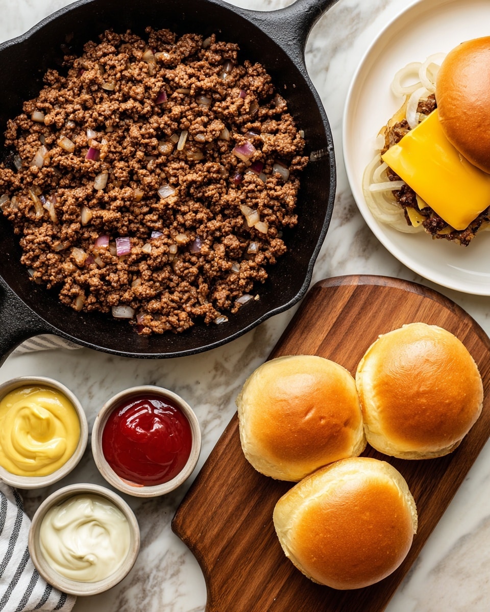 A black cast iron skillet filled with cooked ground meat mixed with small bits of onions and bacon sits on a wooden board. Next to the skillet, there are two soft, golden brown burger buns, along with three small white bowls holding red ketchup, yellow mustard, and white mayonnaise sauces. To the top right, a white plate holds a assembled burger with a shiny, golden bun, yellow cheese, cooked ground meat, and sliced onions, all arranged on a white marbled surface. photo taken with an iphone --ar 4:5 --v 7
