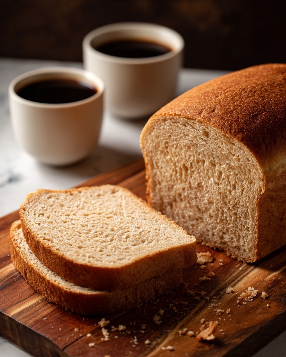 The image shows a close-up of a thick loaf of light brown bread with a soft and slightly porous texture. One slice lies flat next to the loaf on a wooden cutting board with visible grain patterns and a rich brown color. There are small bread crumbs scattered around the board. In the background, two small white cups filled with dark black coffee sit on a white marbled surface, adding contrast to the warm tones of the bread and board. The lighting highlights the golden crust of the bread and the smooth surface of the coffee. photo taken with an iphone --ar 4:5 --v 7