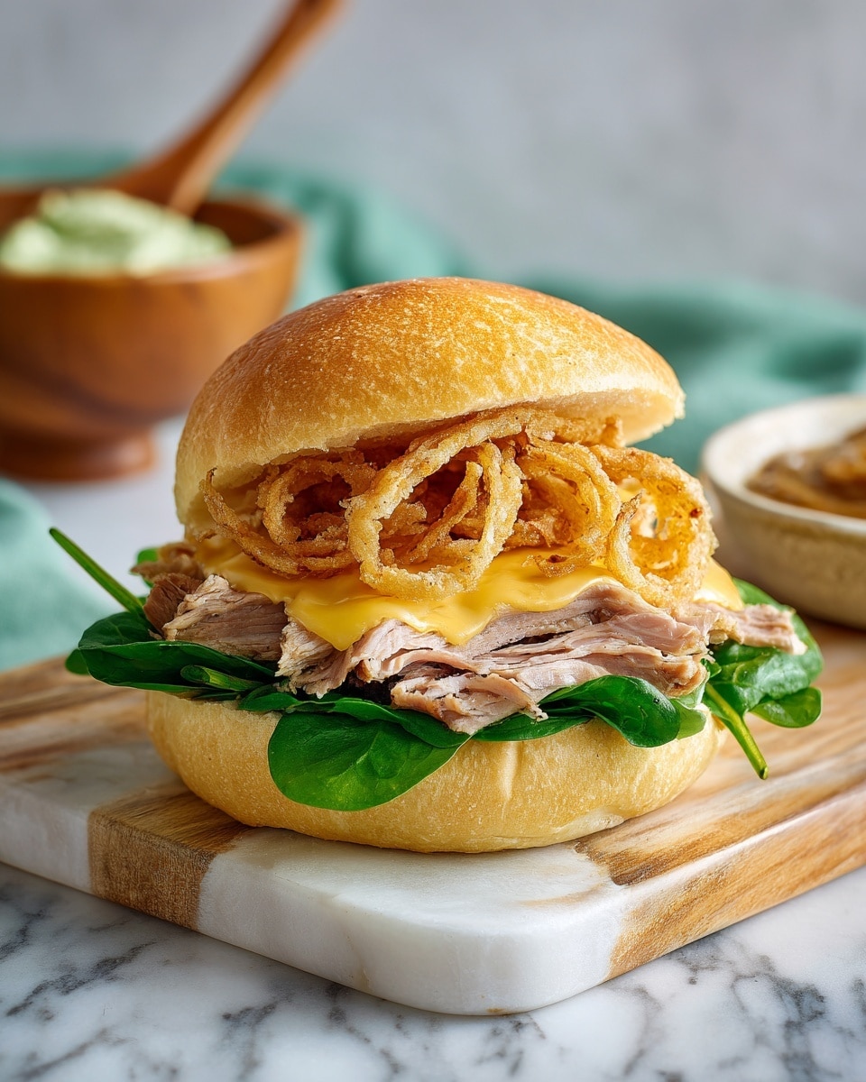 A sandwich is shown on a wooden board with a white marbled surface underneath. The sandwich has four clear layers: the bottom layer is a soft, golden-brown sandwich roll; above that is a thick piece of cooked meat with light pink and brown tones; the third layer is melted yellow cheese draped over the meat; next is a pile of fresh, bright green leafy spinach; and the top layer consists of crispy, golden-brown fried onion rings. In the background, there is a wooden bowl with light green spread and a wooden spoon resting inside. Photo taken with an iphone --ar 4:5 --v 7