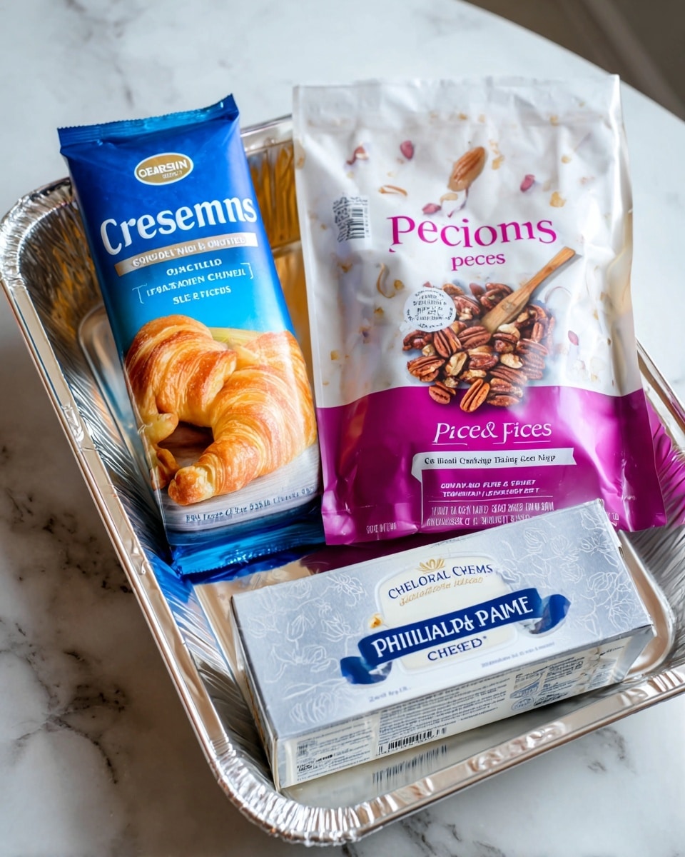 The image shows three food items placed inside a shiny aluminum tray on a white marbled surface. On the left, there is a blue tube labeled