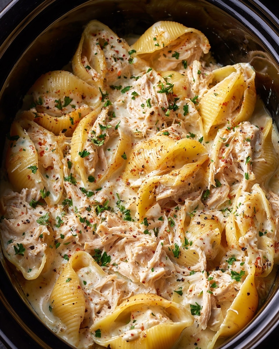 The image shows a close-up of a large black slow cooker filled with creamy pasta shells and shredded chicken. The pasta shells are large and light yellow, sitting on top of thick white sauce mixed with finely shredded chicken meat. The sauce looks rich with specks of black pepper and is scattered with small green parsley leaves for color. The texture is smooth and creamy, with the pasta shells arranged closely together, some partially covered in sauce, making the dish look warm and comforting. photo taken with an iphone --ar 4:5 --v 7