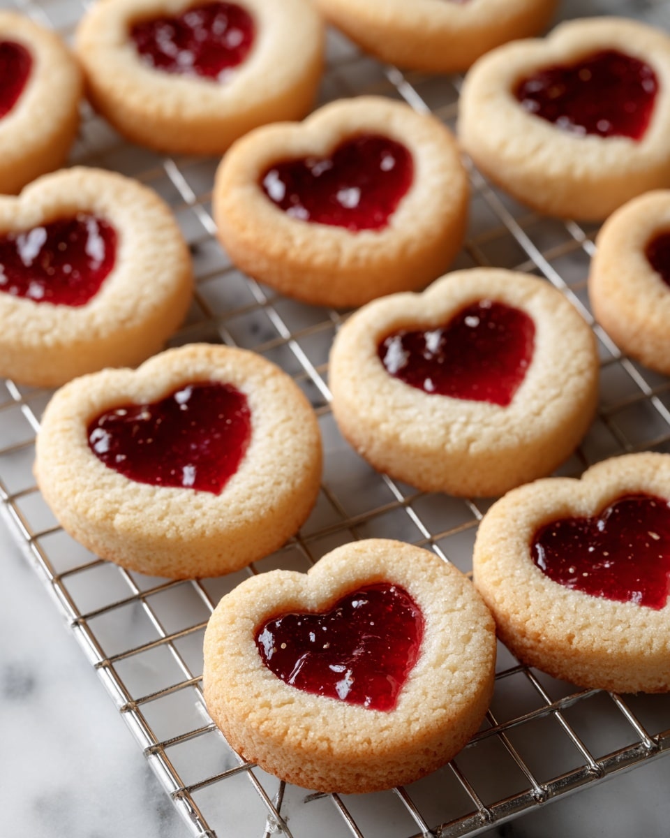 Nine round cookies with a light beige color and soft texture form the base. Each cookie has a bright red heart-shaped jam filling in the center, shiny and slightly spread out. They sit spaced evenly on a silver metal cooling rack, which lies on a white marbled surface. The cookies’ edges and jam centers vary slightly in shape, giving a homemade feel. Photo taken with an iphone --ar 4:5 --v 7