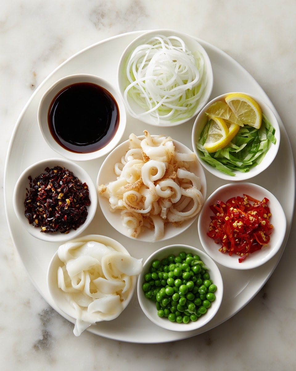 A large white round plate holds eight small white bowls arranged neatly: the top center bowl has curled, light beige sliced squid with a textured, bumpy surface; moving clockwise, a bowl with white, thin, spiral noodles; next, a bowl with green and yellow sliced vegetables and lemon wedges; a bowl with bright green peas follows; then a bowl with finely chopped red bell peppers; a bowl containing dark red chili sauce with small chili flakes; a bowl at the very top left contains dark brown soy sauce; and the center bowl near the bottom has thin, pale slices of squid with a smooth texture. The entire setting is on a white marbled surface. photo taken with an iphone --ar 4:5 --v 7