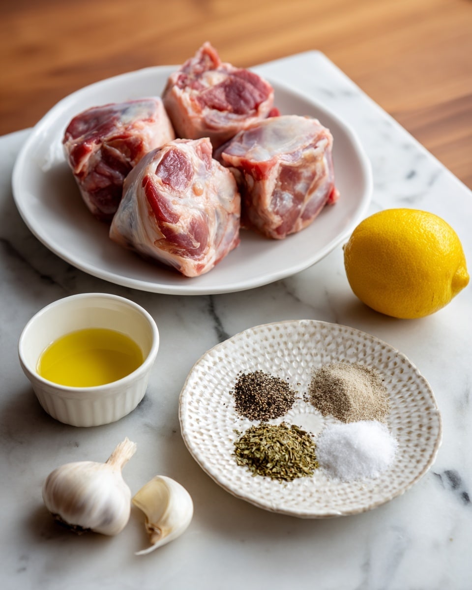There are four raw lamb legs with pale pink skin and red meat on a white plate on the left side. To the right, a white plate with a honeycomb pattern holds four piles of spices: two greenish herb piles on top, a black pepper pile below left, and a white salt pile below right. Below these plates on the white marbled surface, three cloves of garlic are near a small white bowl filled with yellow oil and to the right, a bright yellow lemon. The background is a wooden table. Photo taken with an iphone --ar 4:5 --v 7