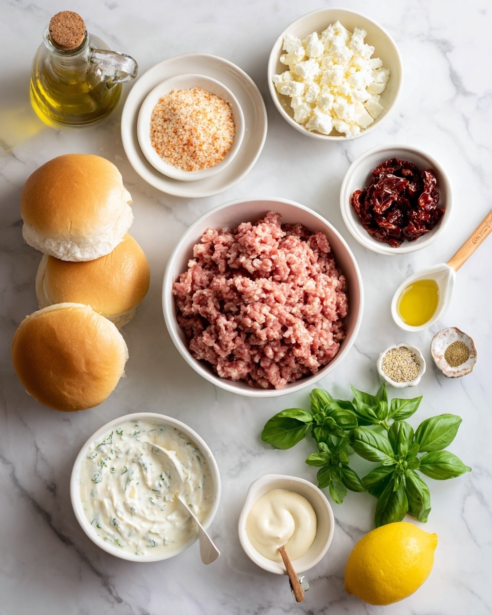 The image shows a white marbled surface with various ingredients arranged neatly for a recipe. At the center is a white bowl filled with light pink ground meat. Around it are small white bowls containing pale orange Italian breadcrumbs, deep red sun-dried tomatoes, and a small white plate with crumbled white feta cheese. To the top right of the meat, there is a small bunch of bright green basil leaves. A fresh yellow lemon is placed to the bottom right. Near the bottom left, there is a white bowl with creamy yogurt sauce speckled with green herbs. Beside it, a small light brown bowl holds white and brown seasonings. A white measuring spoon with pale mustard dijon mustard and another white spoon with a dollop of creamy mayo sit near the seasonings. On the left side, four soft golden slider buns are stacked on the marbled surface, and an olive oil bottle stands near the top left. The photo taken with an iphone --ar 4:5 --v 7
