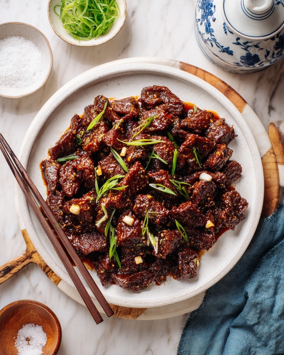 A round white plate filled with many pieces of brown, glossy beef strips covered in a thick sauce, dotted with small bits of garlic and green onion slices. The beef looks tender with a shiny, slightly sticky texture. The plate sits on a white marbled surface with dark wood chopsticks resting on the left edge of the plate. Around the plate are a small white bowl with green onion slices, a small wooden bowl with coarse salt and a tiny wooden spoon, a white ceramic container with blue floral details and a blue cloth napkin gathered at the lower right. photo taken with an iphone --ar 4:5 --v 7