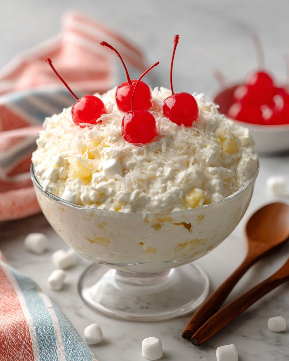 A clear glass bowl filled with a creamy white layered salad that has a fluffy texture and small visible yellow chunks mixed inside, topped with three bright red cherries with stems placed in the center. The bowl sits on a white marbled surface scattered with small white marshmallows and shreds of coconut. In the background, two wooden spoons rest on a pink, white, and blue striped cloth, along with a peach and white striped towel nearby. Photo taken with an iphone --ar 4:5 --v 7