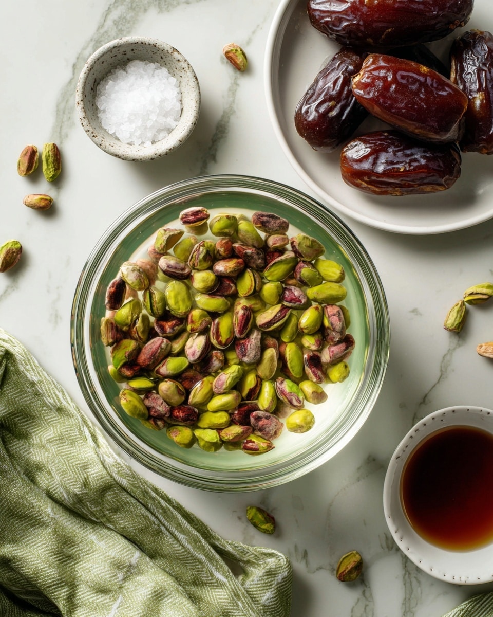 A clear glass bowl sits in the center filled with light-colored water soaking shelled pistachios that are green and reddish-brown, floating and partly submerged. Above and to the right of the bowl is a white plate holding four large shiny dark brown dates. Below this plate is another small white bowl with a bit of white salt, and to the bottom right, there is a smaller white plate with dark reddish-brown syrup. A green striped cloth is draped under the glass bowl on a white marbled surface with scattered pistachio nuts around the top left side. photo taken with an iphone --ar 4:5 --v 7