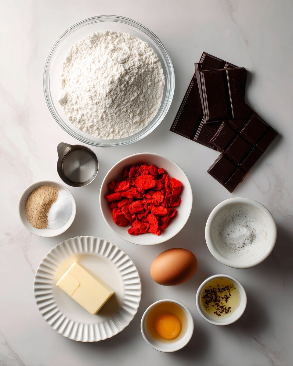 This image shows a top view of baking ingredients neatly placed on a white marbled surface. There is one large clear glass bowl at the top center filled with white flour. Below it is a small white bowl with bright red, freeze-dried strawberry pieces. To the right of the strawberries are three dark chocolate squares arranged in a slight fan shape. On the left side near the flour there is a small white bowl with light brown powder, likely spices or sugar. Next to it is a small metal measuring cup with a dark liquid in it. Below, on a white fluted plate, is a stick of pale yellow butter. Near the center is a small white bowl holding a single brown egg. To the right of the egg are two small white bowls, one with a golden liquid and black specks, the other with a white powder. Everything is set on a smooth white marbled surface. Photo taken with an iphone --ar 4:5 --v 7