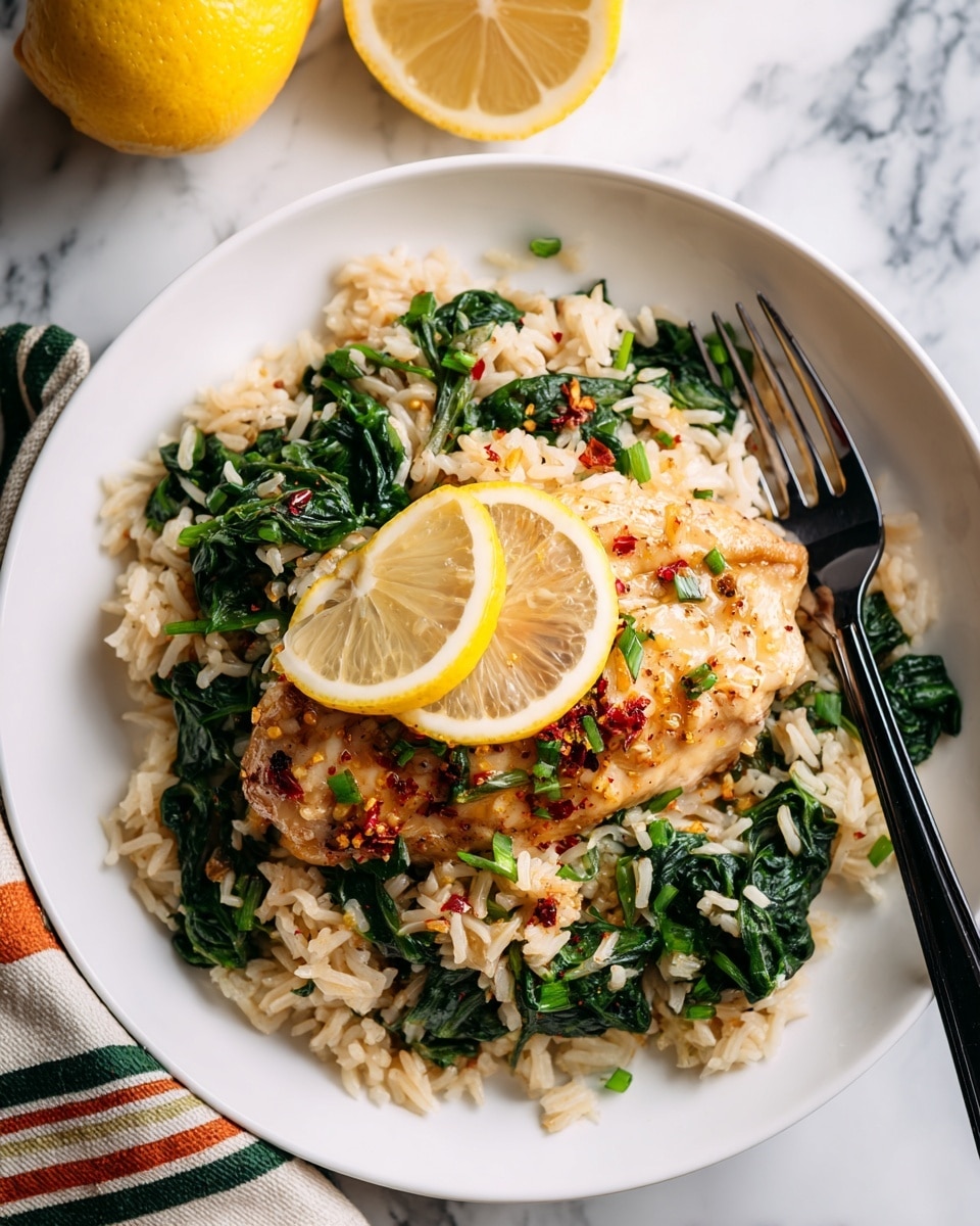 A white plate holds a bed of cooked rice mixed with green spinach pieces and small bits of onion, all coated in a brown sauce. On top of the rice, there is a piece of golden-brown cooked chicken sprinkled with red chili flakes and yellow lemon zest. Under the chicken, two thin lemon slices are placed flat on the rice. A black fork rests on the plate near the food, and the background shows a white marbled surface with a halved lemon and a cloth with green and orange stripes. Photo taken with an iphone --ar 4:5 --v 7