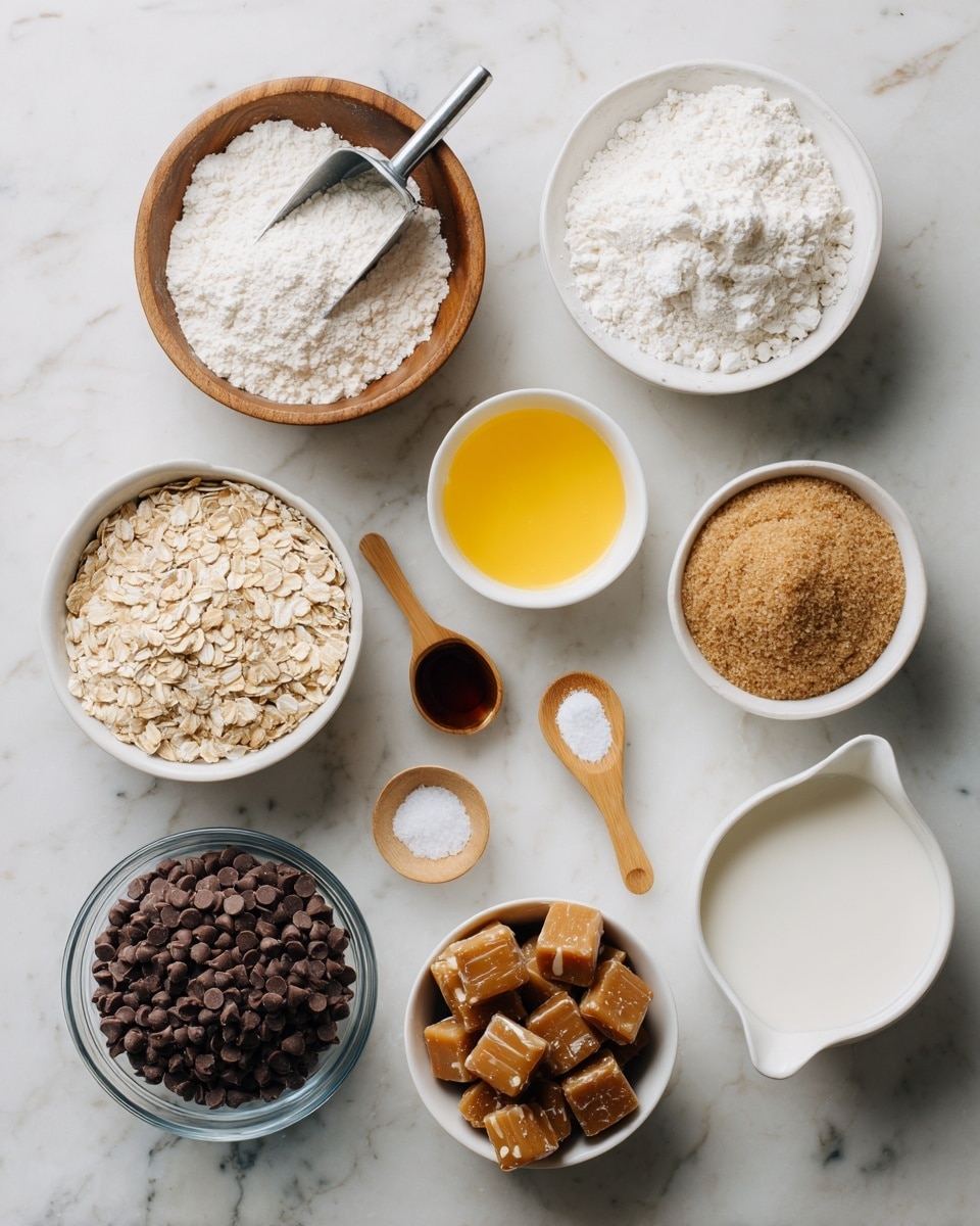 Nine white bowls and spoons are placed on a white marbled surface, each holding one baking ingredient. Starting from the top left, a wooden bowl holds white all-purpose flour with a metal scoop inside. To its right, a small white bowl contains bright yellow melted butter. Below the flour, two small wooden spoons hold white baking soda and kosher salt, respectively. To the bottom left, a tiny white bowl holds dark brown vanilla extract. Centered is a large glass bowl filled with milk chocolate chips. Next to it on the right is a white bowl with light brown old fashioned oats. Below that is a glass bowl filled with light brown sugar. Lastly, on the bottom right a white bowl is filled with soft caramel candies wrapped in transparent wrappers, and beside it a small white measuring cup holds white heavy cream. photo taken with an iphone --ar 4:5 --v 7