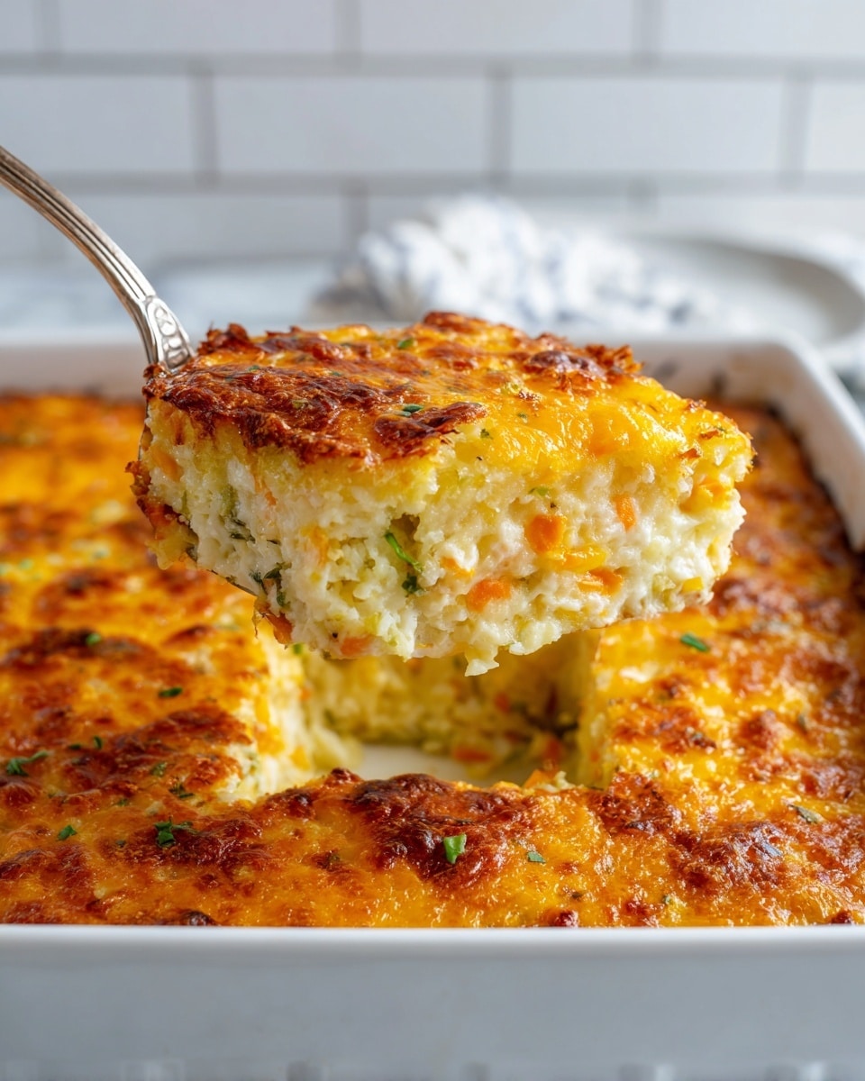A close-up view of a golden brown baked dish being lifted with a silver spoon above a white baking tray filled with the same dish. The top layer is a crispy, bubbly, and slightly browned yellow cheese crust with a rough texture. Underneath, softer, creamy layers of a light yellow mixture with hints of small orange and green pieces are visible, suggesting vegetables mixed inside. The background shows a white tiled wall and a white marbled surface beneath the tray. The overall look is warm and inviting, focused on the creamy and crunchy contrast in the dish, photo taken with an iphone --ar 4:5 --v 7
