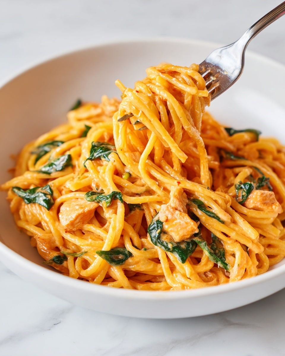 A close-up of a white plate filled with creamy orange pasta mixed evenly with small pieces of white chicken and green spinach leaves scattered throughout. The pasta has a smooth, thick sauce with a slightly shiny texture covering each piece. A silver fork is lifting a bite of the pasta from the plate, showing the soft, tender texture of the dish. The white marbled surface is visible under the plate, creating a clean background. Photo taken with an iphone --ar 4:5 --v 7