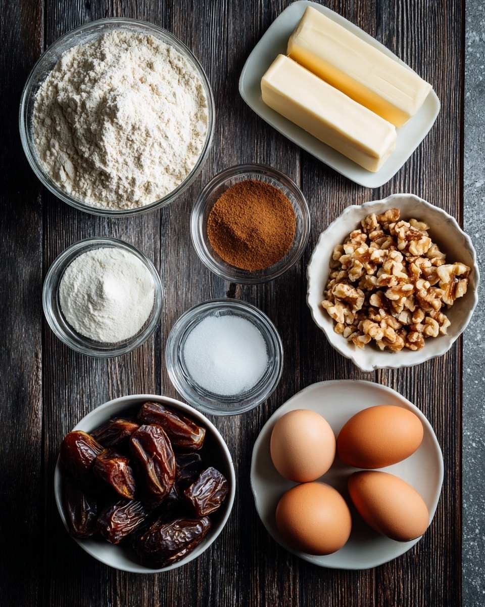 The image shows a top view of different baking ingredients arranged neatly on a dark wooden surface with a white marbled texture. There are three brown eggs in the bottom right corner. Above the eggs, two sticks of pale yellow butter are placed side by side. To the right of the butter, there are two small clear glass bowls, one filled with ground cinnamon and the other with white baking powder. In the upper right corner, a white bowl is filled with chopped nuts that are golden brown in color. To the left of that, a large clear glass bowl contains white flour. In the bottom left corner, a white bowl holds chopped dates, which are dark brown with shiny pieces. In the upper center, a small white bowl filled with a white powdered ingredient is slightly blurred. Photo taken with an iphone --ar 4:5 --v 7