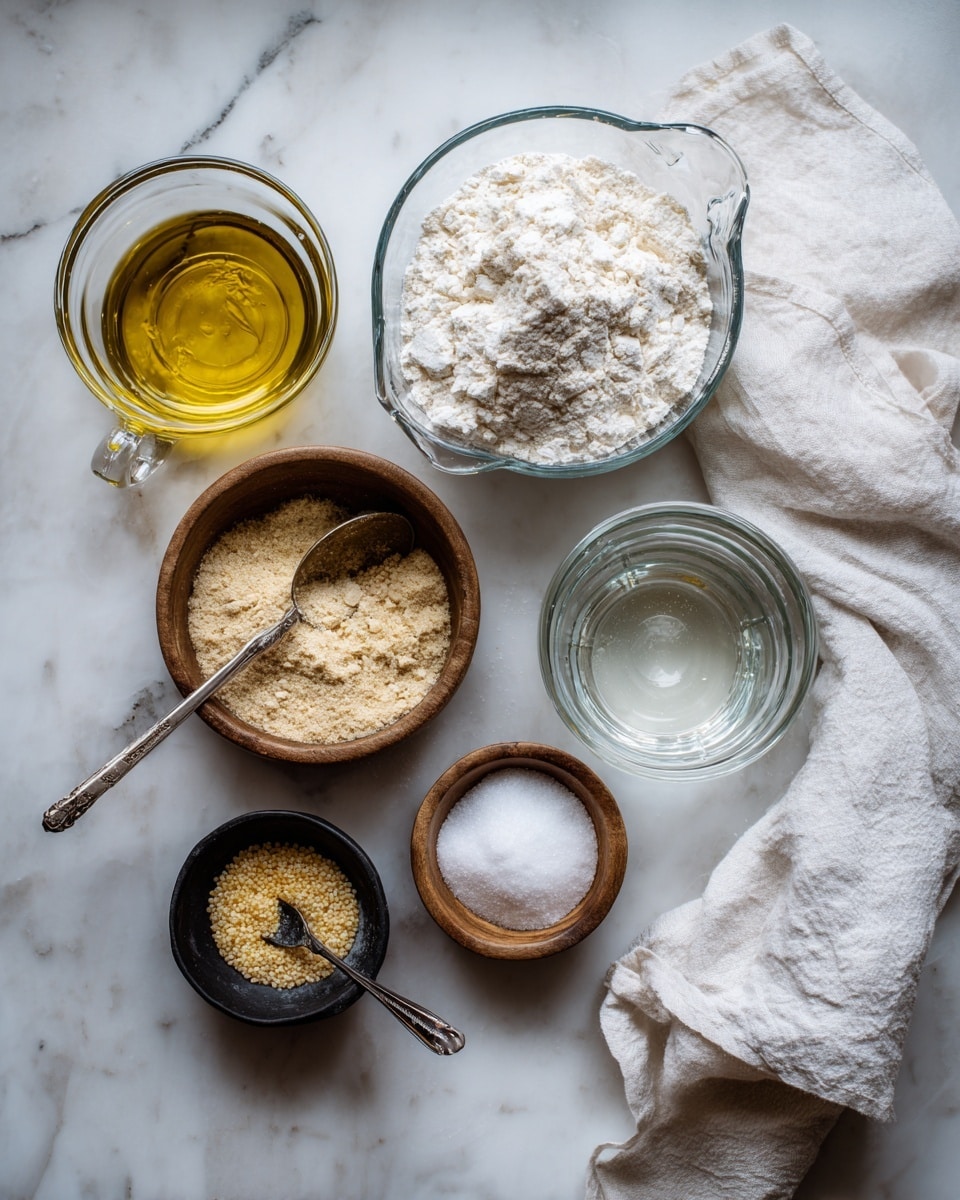 The image shows six ingredients for no-rise pizza dough arranged on a white marbled surface. In the center back, there is a clear glass measuring cup filled with white all-purpose flour. To the right of it, another glass measuring cup contains clear warm water with some yeast settled. On the far left, a third glass measuring cup holds golden olive oil. Below the flour, a small wooden bowl contains tan yeast granules with a silver measuring spoon lying across it. Next to it on the right, a small black bowl holds off-white sugar. On the far right, a small wooden bowl holds white kosher salt with a silver measuring spoon resting on top. A white cloth kitchen towel is placed partially under the cups and bowls. The whole scene has a natural light atmosphere. Photo taken with an iphone --ar 4:5 --v 7