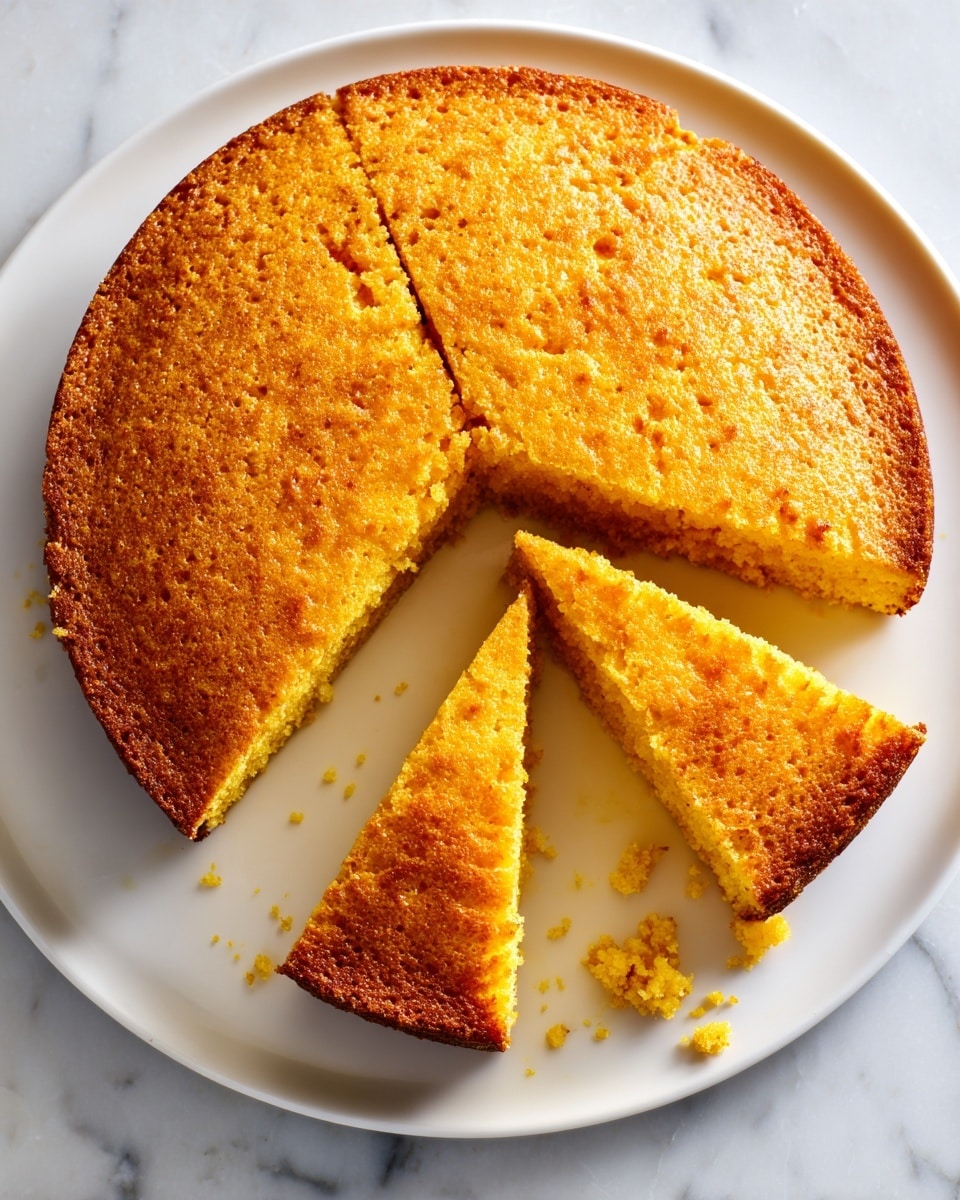 A round yellow cornbread with a golden crust is placed on a white plate on a white marbled surface. The cornbread is sliced into long, narrow rectangular strips, with two strips fully separated and lying to the left while the rest remain connected. The texture looks soft and crumbly with a slightly rough top and crisp edges. A small crumb falls off the edge of the cornbread near the bottom right side. Photo taken with an iphone --ar 4:5 --v 7