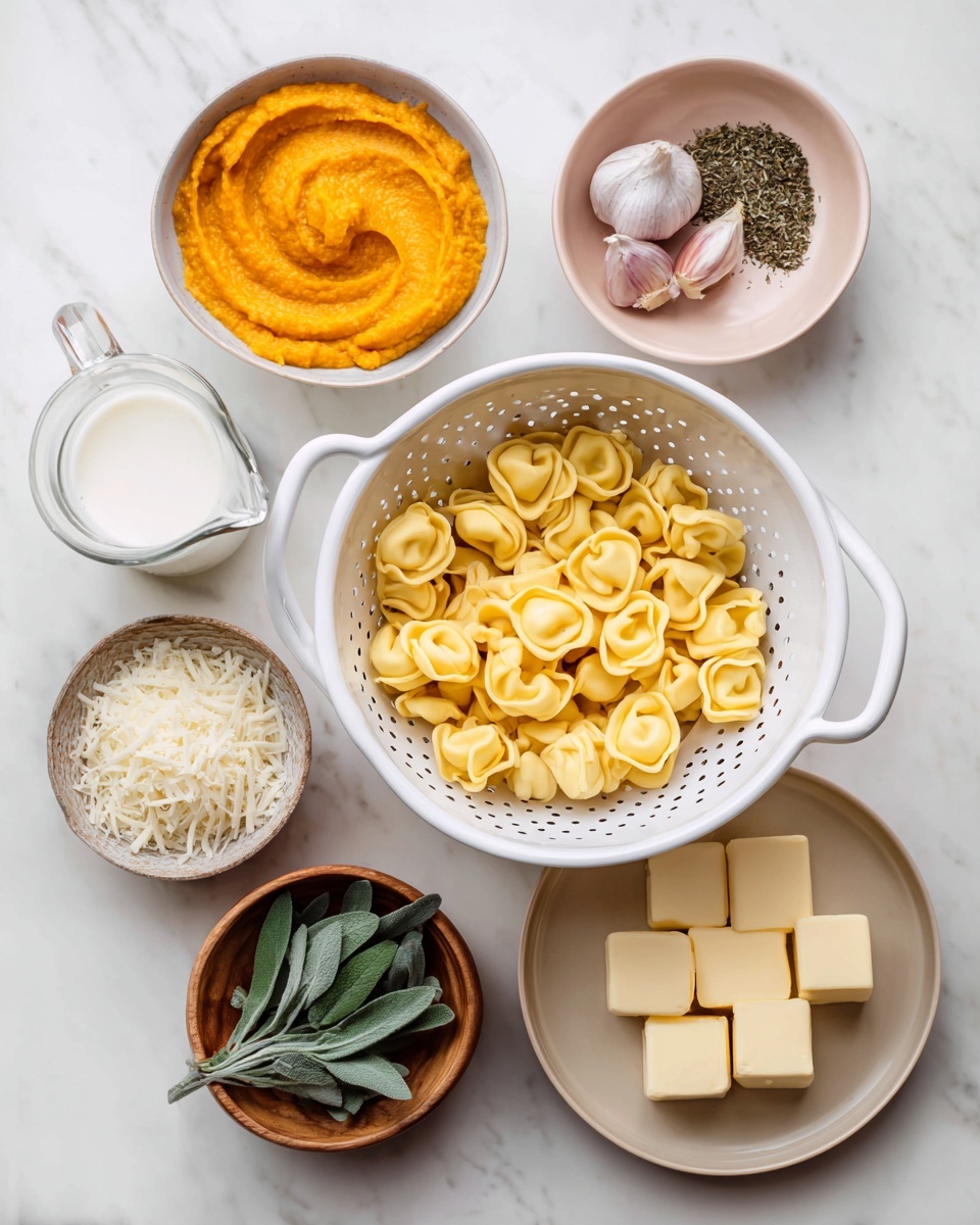 The image shows a white colander filled with cooked yellow tortellini, sitting on a white marbled surface. To the left, there is a white bowl with smooth bright orange pumpkin puree, and above it, a small wooden bowl filled with dried herbs. A small pink bowl containing light brown roasted garlic is at the top right. Below the pumpkin, there is a beige plate with several squares of light yellow butter. Next to the butter is a small white bowl filled with shredded white Parmesan cheese. At the bottom left, a small wooden bowl holds fresh green sage leaves. A clear glass pitcher of white half & half stands at the top left, completing the arrangement. photo taken with an iphone --ar 4:5 --v 7