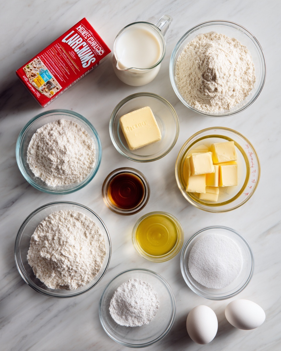 The image shows a collection of baking ingredients placed on a white marbled surface. There are ten small clear glass bowls, each filled with different items: one with white all-purpose flour, one with white sugar, one with yellow butter, one with a small amount of dark brown vanilla liquid, one with light yellow vegetable oil, one with white cornstarch, one with white baking powder, one with white salt, and two white eggs placed next to the bowls. At the top left corner, a red Lucky Charms cereal box is slightly open and visible, while a clear measuring cup filled with white milk is positioned nearby. Each ingredient is labeled with bold text, clearly identifying them. photo taken with an iphone --ar 4:5 --v 7