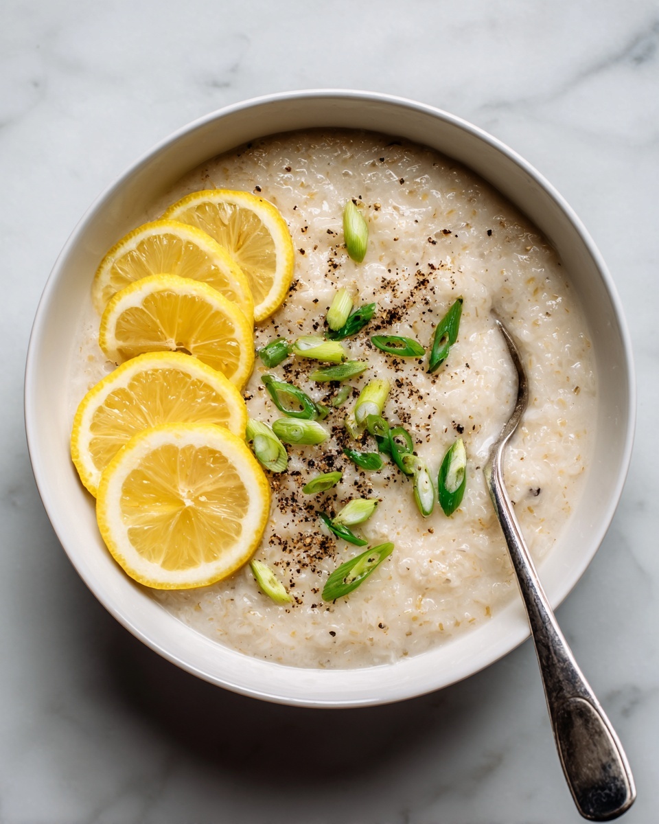 A bowl filled with creamy, light beige rice porridge that has a thick texture. The top of the porridge is sprinkled with small bits of black pepper and garnished with thinly sliced green scallions scattered over the surface. On the left side inside the bowl, there are four fresh lemon slices placed in a slightly overlapping line. A metal spoon is inserted into the porridge on the right side, with its handle resting against the bowl's edge. The bowl is white, and it sits on a white marbled surface. Photo taken with an iphone --ar 4:5 --v 7