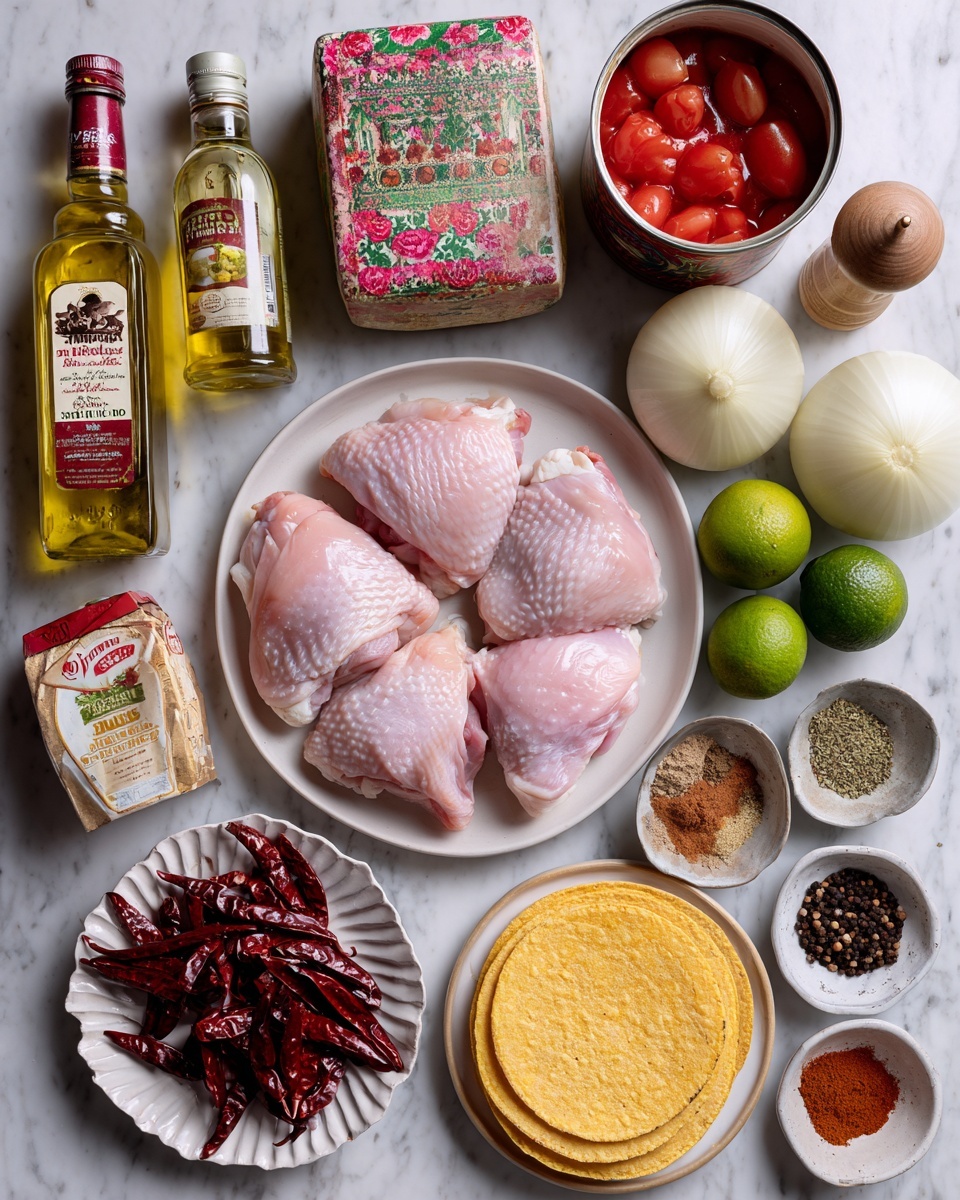 The image shows a flat lay of various raw ingredients arranged neatly on a white marbled surface. In the center, there is a white plate holding four pink boneless skinless chicken thighs. To the right, a white plate with two round, smooth white onion halves sits beside three small green limes. Above these, a can of whole peeled red tomatoes is open, revealing the rich tomato color inside. On the left side, a round block of Oaxaca cheese wrapped in colorful paper and a clear bottle of golden vegetable oil are placed. Nearby, there is a small glass bottle with apple cider vinegar. On the lower left, dried red chiles rest in a small bowl, next to a scalloped white plate with a stack of yellow corn tortillas. On the right side, small white bowls hold cloves of peeled garlic and a mix of whole spices including cinnamon sticks, peppercorns, and coriander seeds, while another bowl contains dried herbs with bay leaves. A small jar with salt and a pepper grinder are positioned near the top right, alongside a container labeled chicken broth and a tin labeled chipotles. The scene is well-lit and all items are clear and colorful, photo taken with an iphone --ar 4:5 --v 7