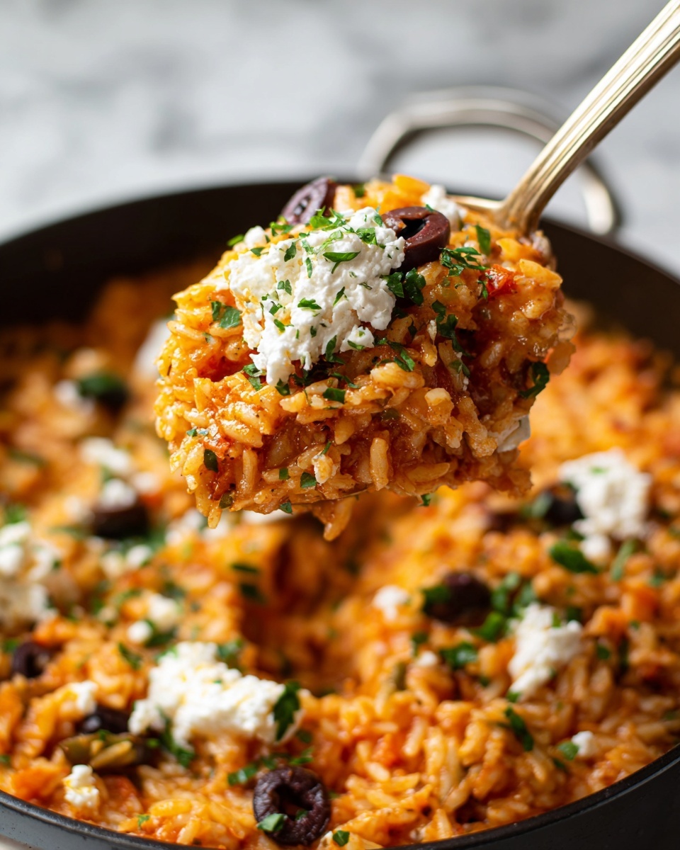 A close-up view shows a spoon full of creamy tomato rice mixed with small dark olives and topped with a dollop of soft white cheese, held above a pot filled with the same dish. The dish is rich orange-red from the tomato sauce, with scattered bits of green herbs adding color contrast. The rice texture looks soft and slightly saucy, with white cheese bits dotting the surface and dark olives visible throughout. The pot is black, sitting on a white marbled surface. Photo taken with an iphone --ar 4:5 --v 7