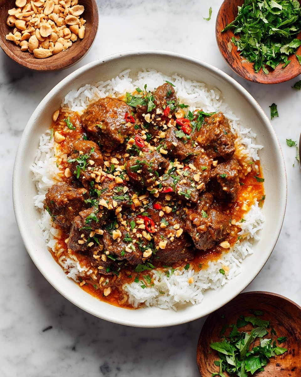 A white bowl on a white marbled surface holds a bed of fluffy white rice as the bottom layer. On top, there are pieces of cooked meat covered with thick, brownish-orange sauce mixed with small red bits. Crushed nuts and chopped green herbs are sprinkled over the meat and sauce, adding contrast in texture and color. Around the bowl, there are small wooden bowls with chopped nuts and fresh green herbs visible. Some scattered green herb leaves also rest on the white marbled surface near the bowl. Photo taken with an iphone --ar 4:5 --v 7
