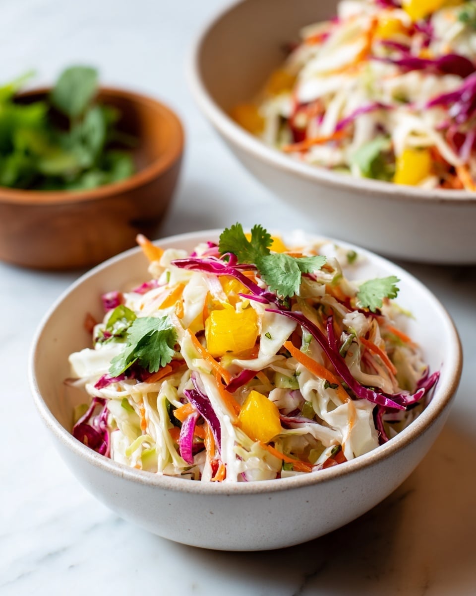 A white bowl filled with a colorful coleslaw salad, layered with shredded white cabbage as the base, scattered with thin strips of purple cabbage and orange carrot pieces, topped with small chunks of yellow fruit or vegetable, and garnished with bright green cilantro leaves and thin slices of red onion. Another white bowl with a similar salad is partially visible in the background on a white marbled surface, along with a small wooden bowl holding more cilantro leaves. The colors are vibrant, and the textures range from crisp cabbage to soft garnishes, all under natural light. Photo taken with an iphone --ar 4:5 --v 7