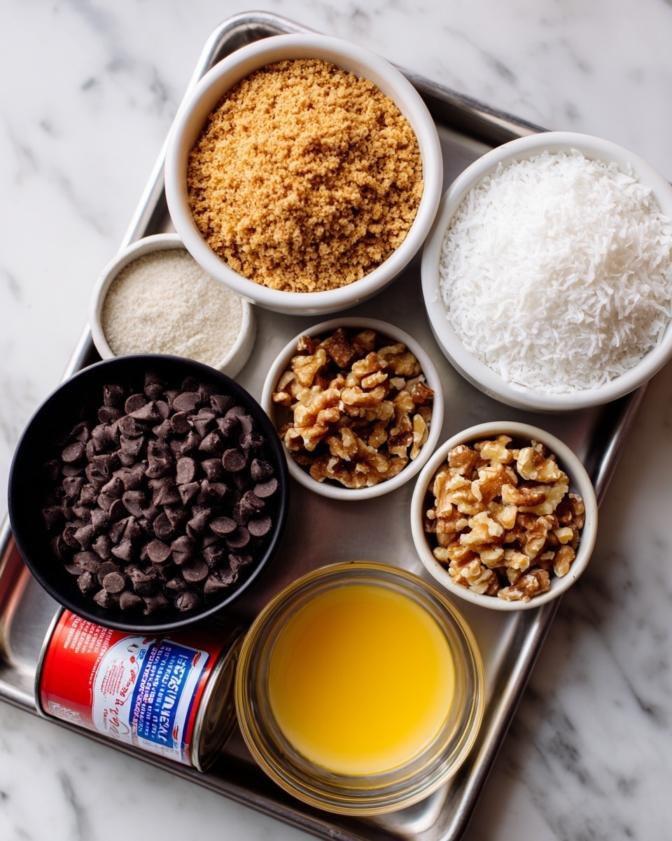 The image shows six bowls arranged on a metal tray placed on a white marbled surface. At the top center, there is a white bowl filled with light brown crushed graham crackers. To the right, another white bowl contains chopped light brown walnuts. Below the walnuts, a white bowl holds white shredded coconut flakes. In the middle bottom, a clear glass bowl has melted yellow butter. On the far left, a black bowl is filled with dark brown chocolate chips. In front of the black bowl, a red, white, and blue can of sweetened condensed milk rests on its side. The photo taken with an iphone --ar 4:5 --v 7