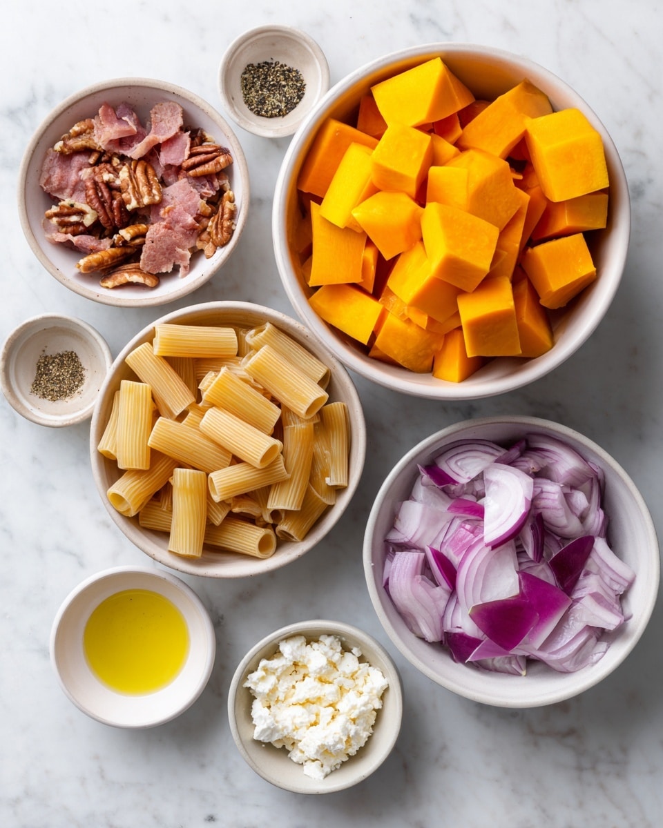 Several small white bowls are arranged on a white marbled surface, each holding different ingredients. The largest bowl at the top center contains bright orange chunks of butternut squash. Below it, a medium white bowl holds uncooked rigatoni pasta, which is light brown and tube-shaped. To the right, a smaller white bowl contains chunky pieces of red onion in shades of purple and white. Next to it is another small white bowl filled with small crispy pieces of bacon that are pinkish-brown. On the left side, a small white bowl has whole pecans with a dark brown color, and below it is a tiny white bowl filled with clear yellow olive oil. Another tiny bowl below that contains white and black mixed spices. At the bottom center, a small white bowl holds crumbly white goat cheese. photo taken with an iphone --ar 4:5 --v 7