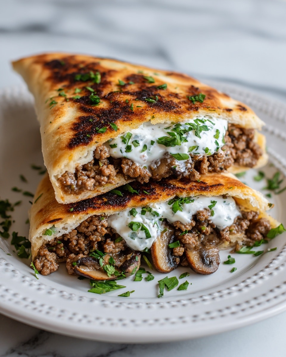 Two pieces of toasted pita bread are cut in half and stacked on a white plate with a dotted edge. Each pita is filled with cooked ground meat that is brown and crumbly. The bottom pita has visible sliced mushrooms beneath the meat, adding a soft texture. On top of the meat in both pitas, there is a dollop of white creamy sauce mixed with chopped green herbs. Small green herb pieces are also scattered around the plate. The plate sits on a white marbled surface, and the photo is taken close-up, highlighting the crispy, toasted texture of the pita bread photo taken with an iphone --ar 4:5 --v 7