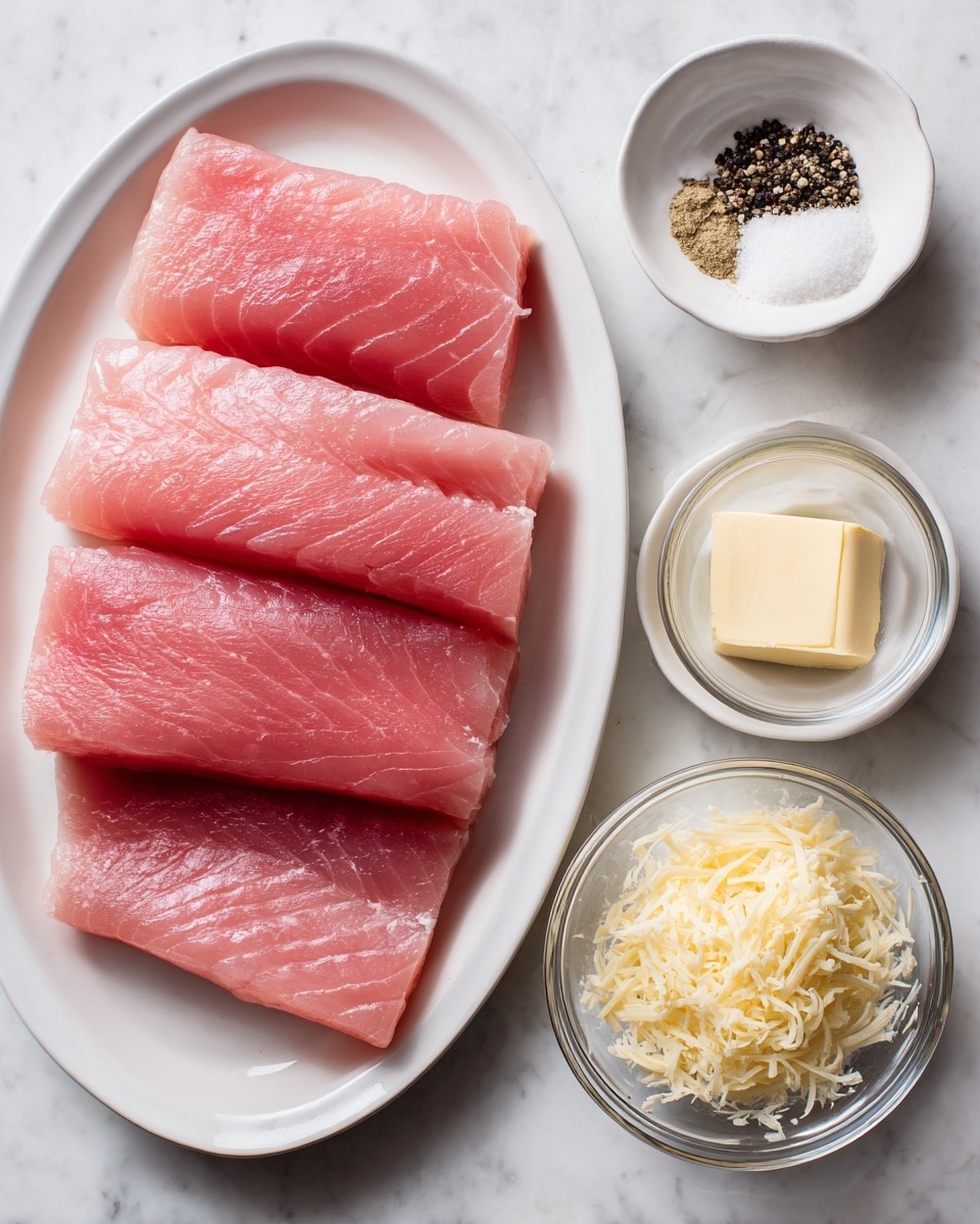 The image shows three raw wild caught mahi mahi fillets laid side by side on a white oval plate at the left side of the image. To the right, there are four small bowls and dishes arranged vertically on a white marbled surface: a small bowl with black pepper and salt at the top, a small white bowl with a dollop of mayo below it, a clear glass bowl with a square of salted butter, and another clear glass bowl filled with shredded parmesan cheese at the bottom. Each ingredient is labeled with black text on a white background above or near it. The whole arrangement is viewed from above, and the colors are bright and natural. photo taken with an iphone --ar 4:5 --v 7