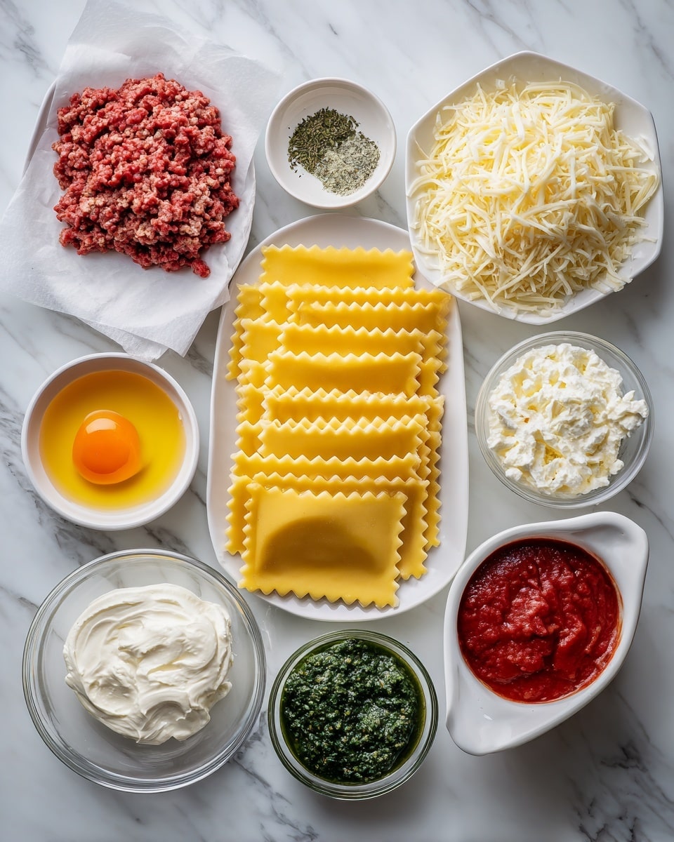 The image shows different ingredients for making lasagna arranged neatly on a white marbled surface. There are 8 sheets of yellow pasta with wavy edges placed in the center. To the left, raw red ground beef sits on white parchment paper, next to a small white bowl with dried green herbs and another small white bowl holding a raw egg with an orange yolk. Above the pasta, a white bowl filled with finely chopped white garlic pieces sits next to a small white bowl full of shredded light yellow Parmesan cheese. To the right of the pasta, a big white plate holds a large pile of shredded white mozzarella cheese, and in front of it, a clear glass bowl contains a creamy white ricotta cheese. In front of the ricotta is a small white bowl packed with dark green pesto sauce. On the far right, a white bowl with a spout is filled with bright red pasta sauce, and above it is a very small white bowl with a dollop of thick red tomato paste. The items are all clearly labeled, and the photo was taken with an iphone --ar 4:5 --v 7